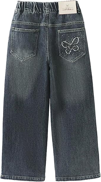 Girls Jeans, Baggy Jeans for Girls Wide Leg Ripped Elastic High Waisted Denim Pants Y2K Cute Casual Streetwear 4-15Y