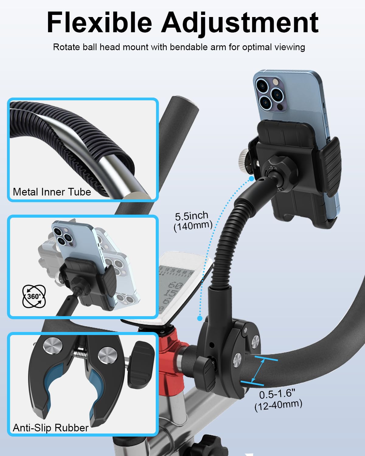 Support de téléphone col de cygne pour vélo d'intérieur