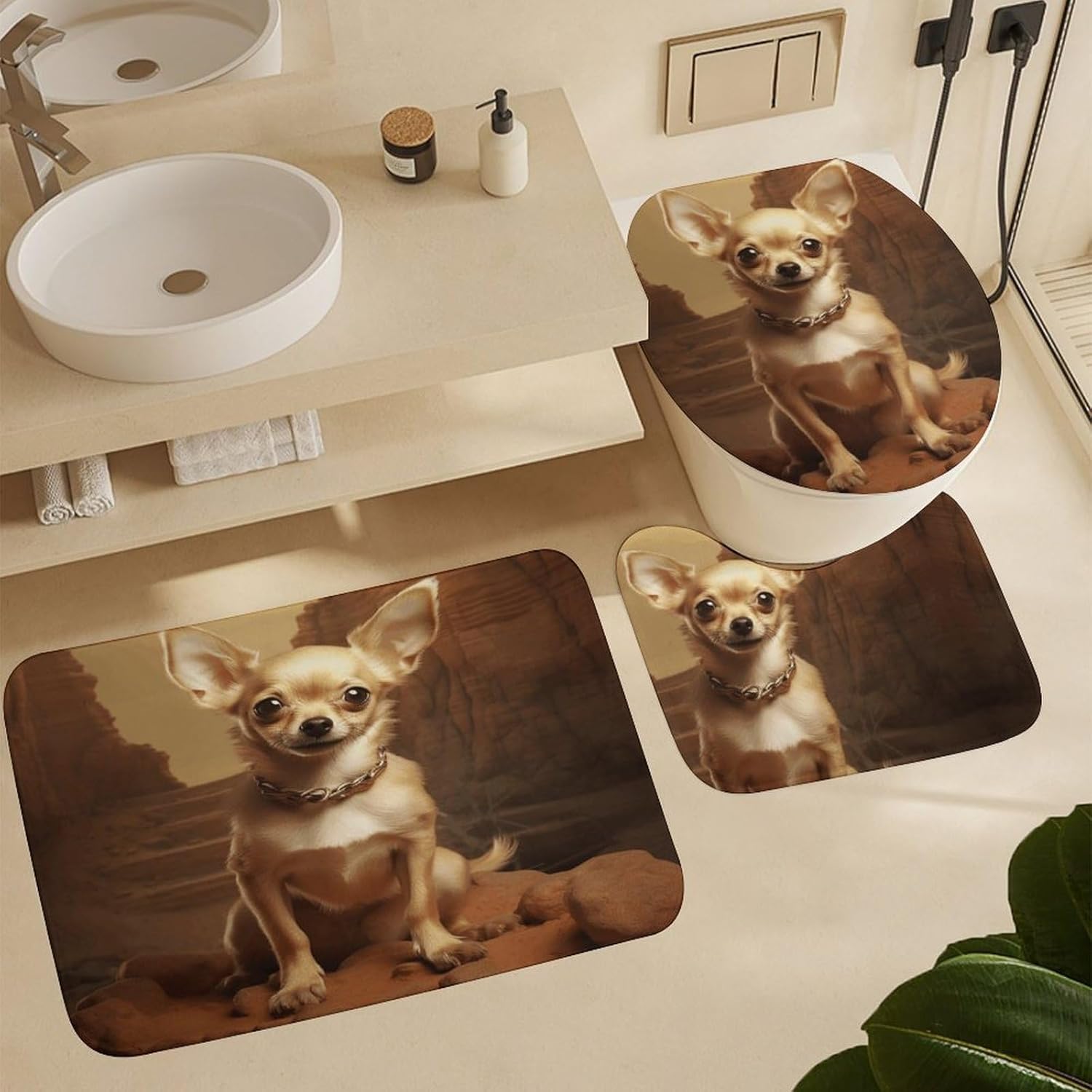 4-piece Bathroom Set with Waterproof Shower Curtain, Non-Slip Absorbent Rug,Chihuahua on The Hillsideprinting and Toilet Seat Cover - Bathroom Accessories and Decor for Modern Homes, with Hooks