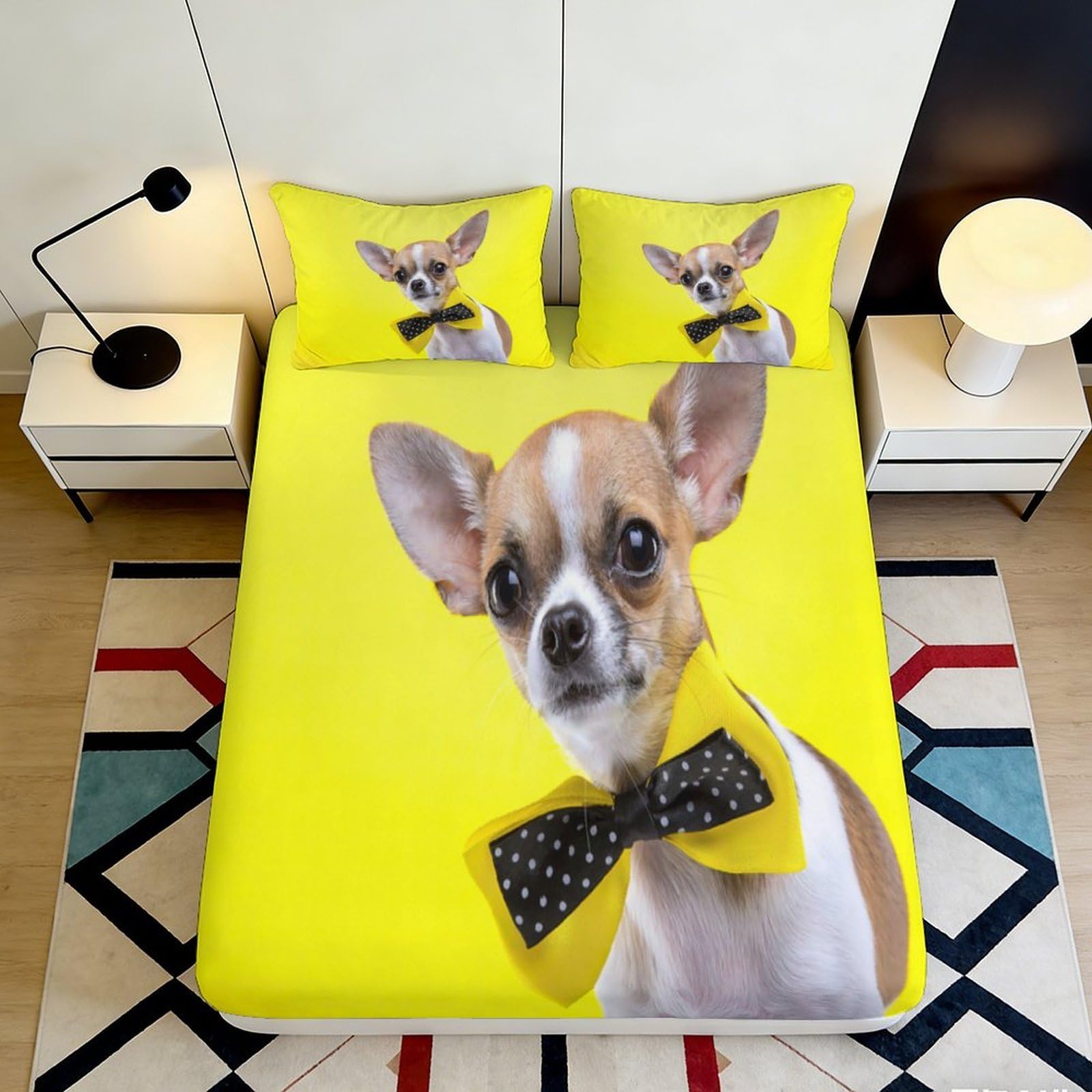 3D Printed Yellow Chihuahua Fitted Sheet Microfiber Anti-Slip Mattress Cover for Bedroom Guest Room Decor Easy Care 90x200x25cm