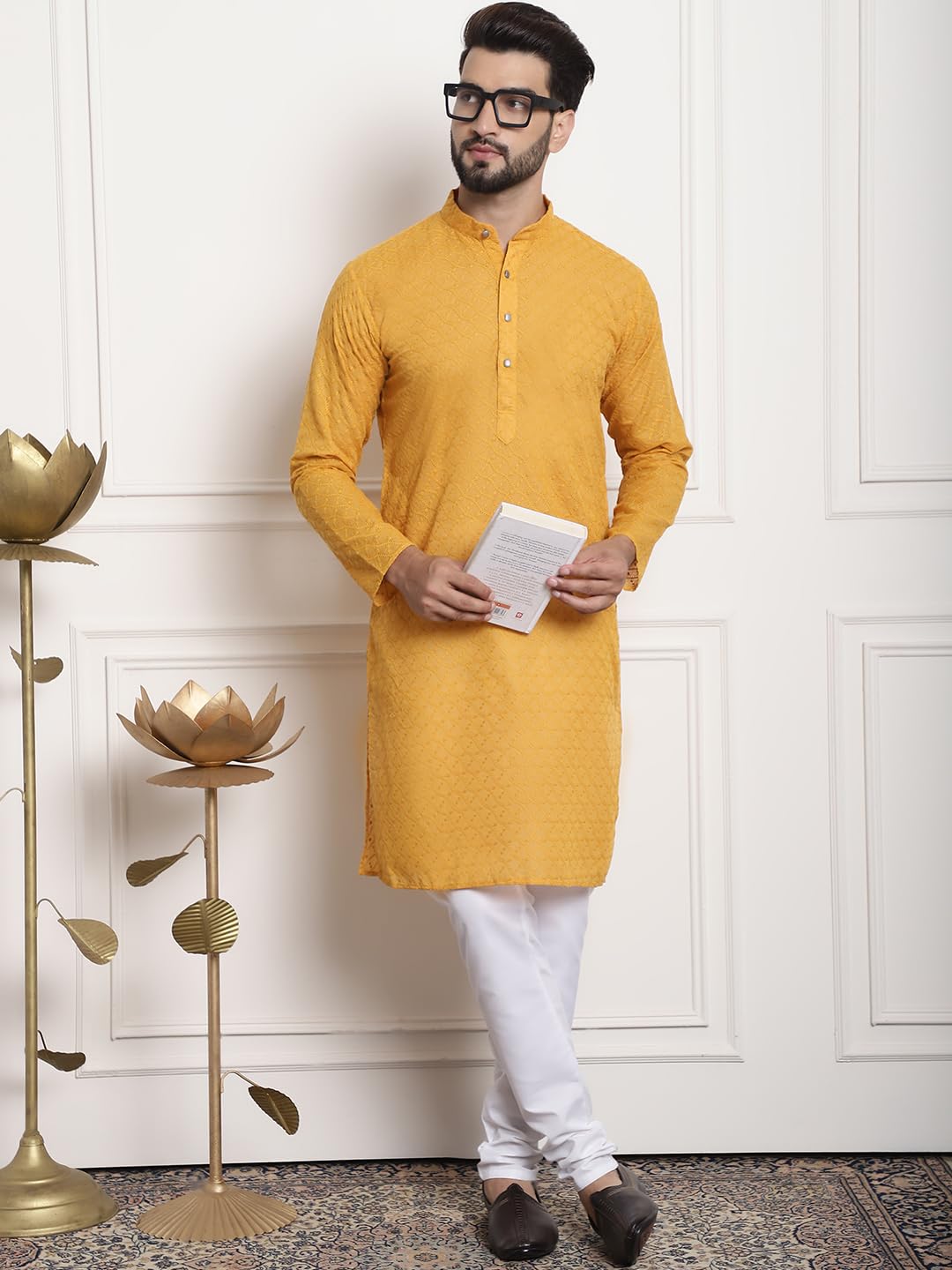 Sojanya (Since 1958 Men's Pure Cotton Mustard Embroidered Kurta With White Pyjama