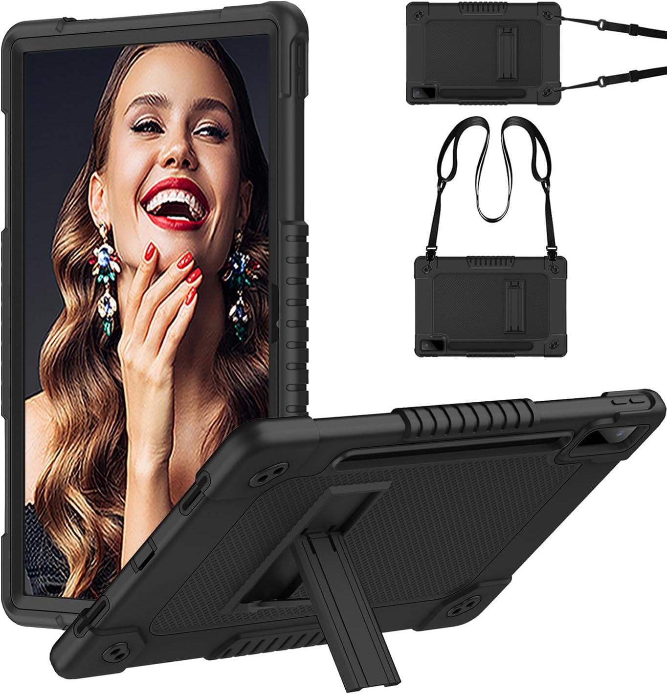 for Lenovo Tab P12 inch 2023 TB370FU Heavy Duty Cover with Kickstand Shoulder Strap Built in Pen Holder Kids Friendly Shell Case for Lenovo Tab P12 / Lenovo Xiaoxin Pad Pro 12.7" (Black)