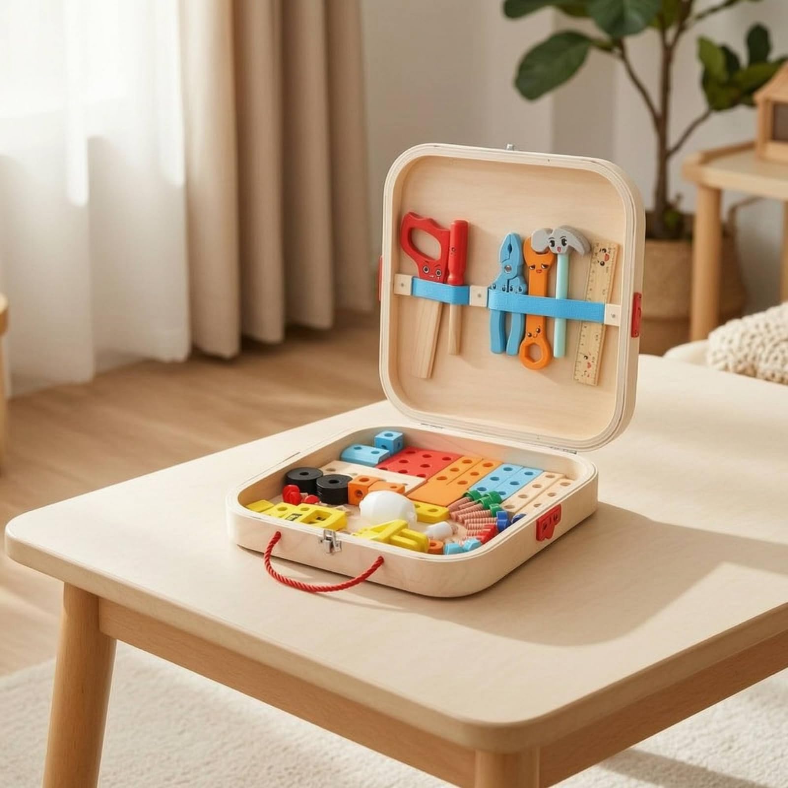 Kinder Werkzeugkoffer Holz Kinder Werkzeug Set Montagekasten Baukasten Lernspielzeug Rollenspiel aus Lackiertem Kiefernholz für Vorschule Spielzimmer Grundschule