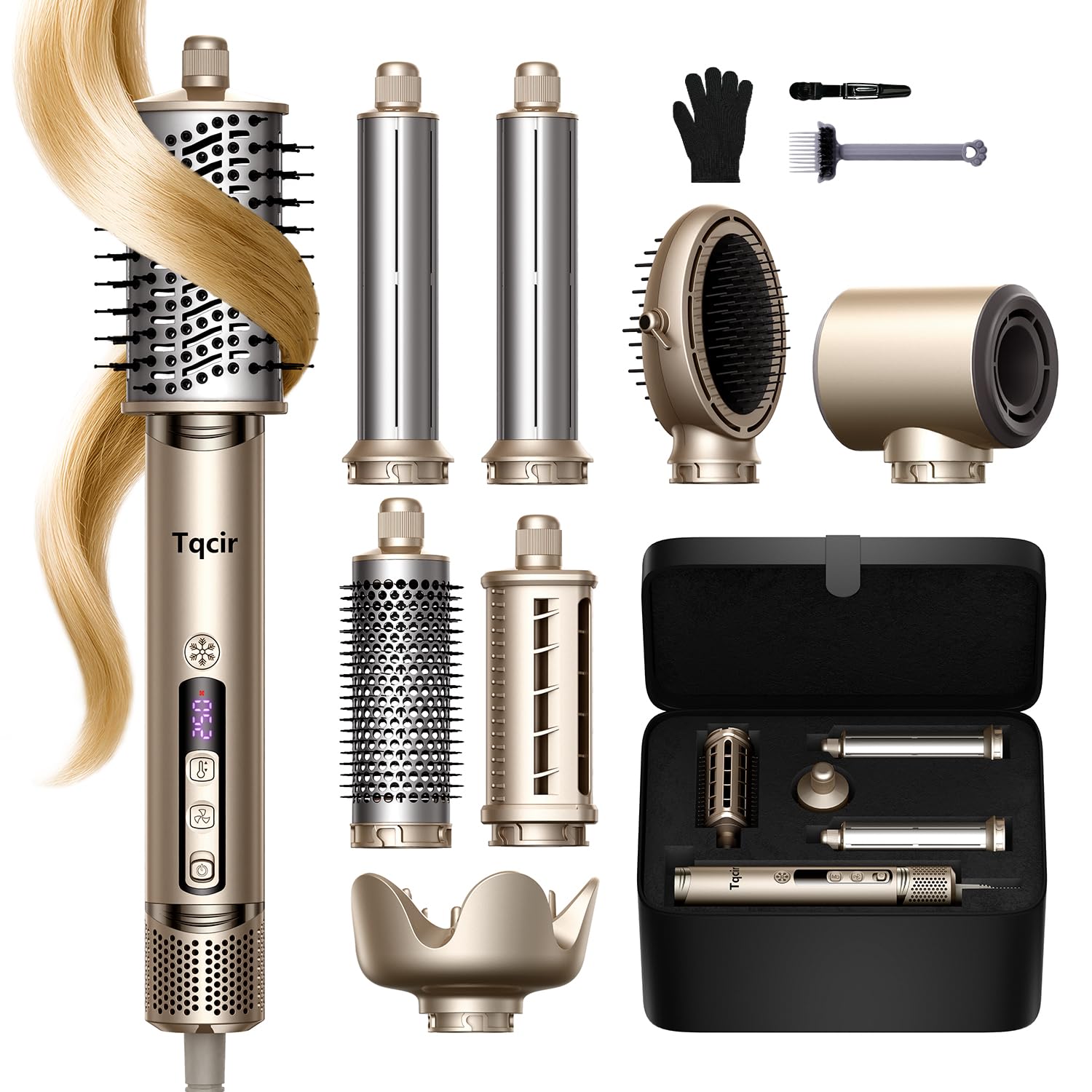 Tqcir 8 in 1 Hot Air Styler, Powerful Hair Dryer Brush with AutoWrap Curler Gold
