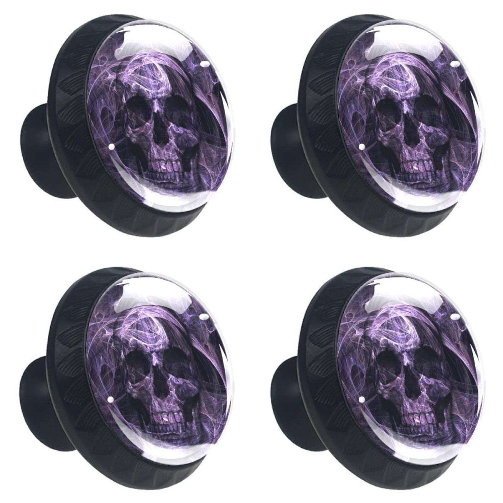 Luoweisi 4 Pack Skull Purple Drawer Knobs, Round Kitchen Cabinet Pulls, Glass Door Knobs for Chest of Drawers, Furniture Cupboard Dresser Wardrobe, with Screws