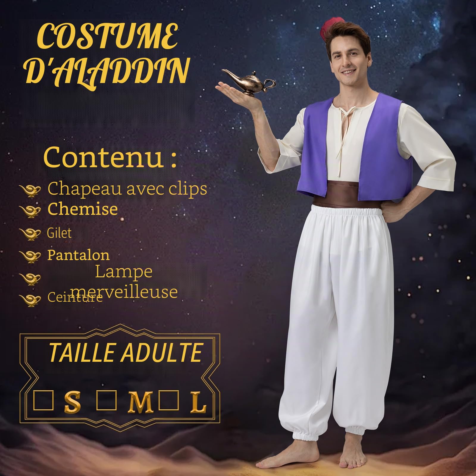 Joellfuner Deguisement Aladin Adulte, Costume Aladin Homme, Deguisement Prince Arabe Homme avec Pantalon Aladin, Lampe Aladin, Gilet Arabe, Chemises, Chapeaux pour Fête de Carnaval à Thème
