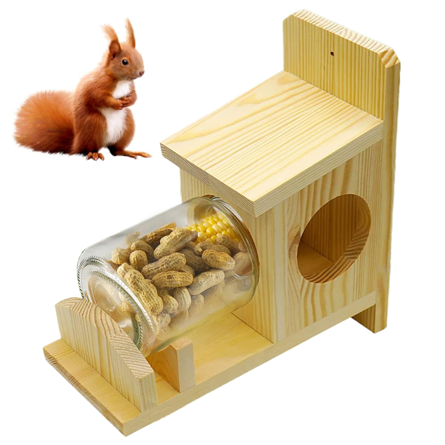 Squirrel Feeder Natural Wooden Squirrel Feeders for Outside Glass Jar House with Removable Front Panel Picnic Table Feeder for Corn 10.5 * 10.5 * 5.5inch