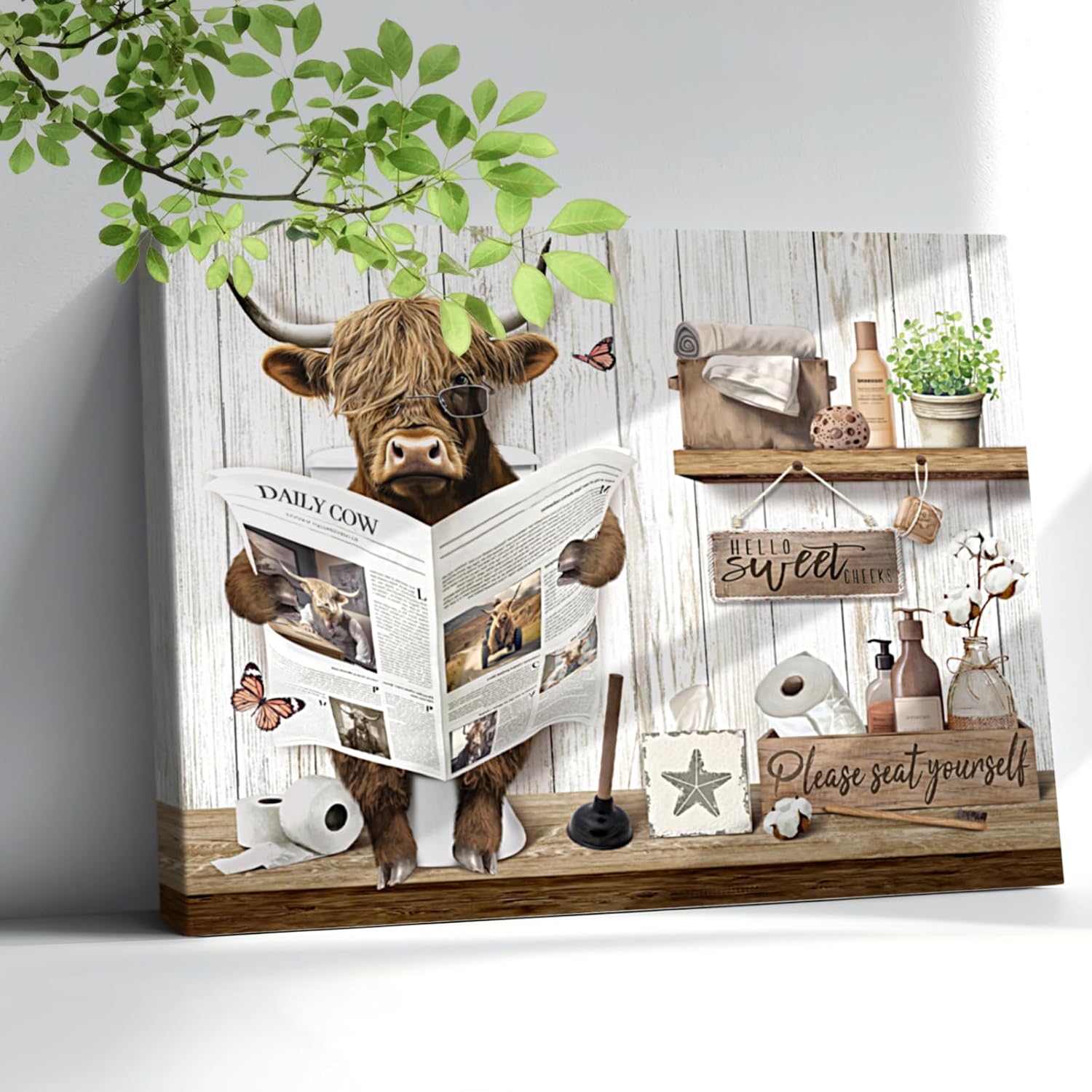 Farmhouse Highland Cow Bathroom Wall Art Country Rustic Cow Are Reading Newspapers In The Toilet Cow Pictures Wall Decor Animal Canvas Print Framed Artwork For Bathroom Decor 16"X20" Highland Cow 20"L x 16"W