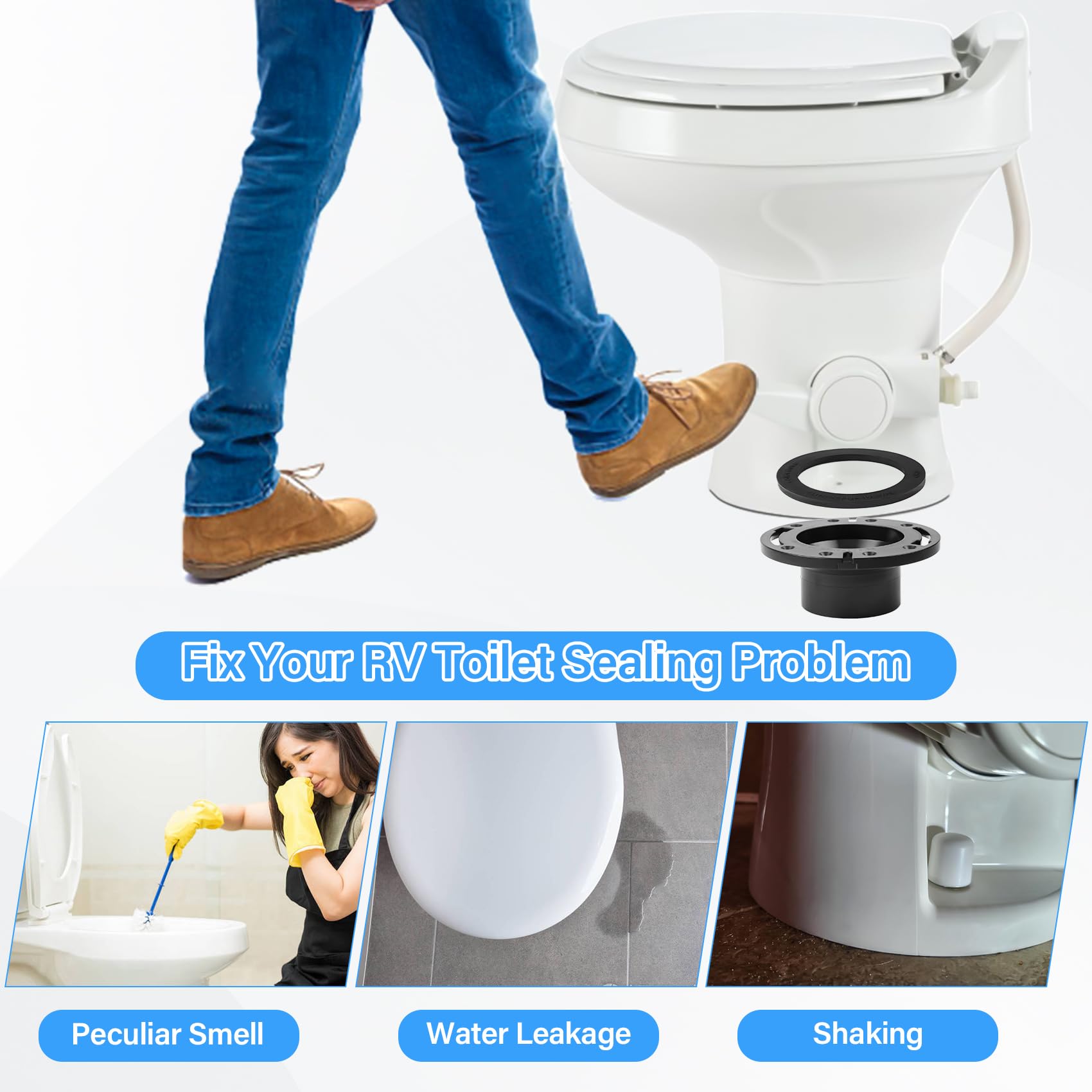 Guarnizione WC RV e Kit Flangia da Pavimento Presa da 3 Pollici per WC Dometic 300 310 320 RV, Kit Parti di Ricambio 385345892 Flangia, 385311658 Guarnizione a Sfera a Filo e Guarnizione di Tenuta