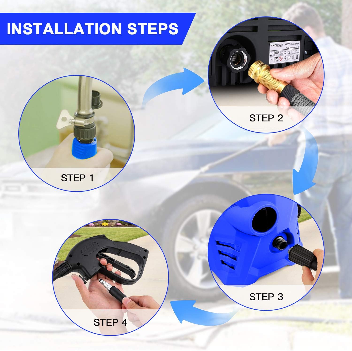 Installation steps for the pressure washer, showing connecting the garden hose, high-pressure hose, and spray gun.