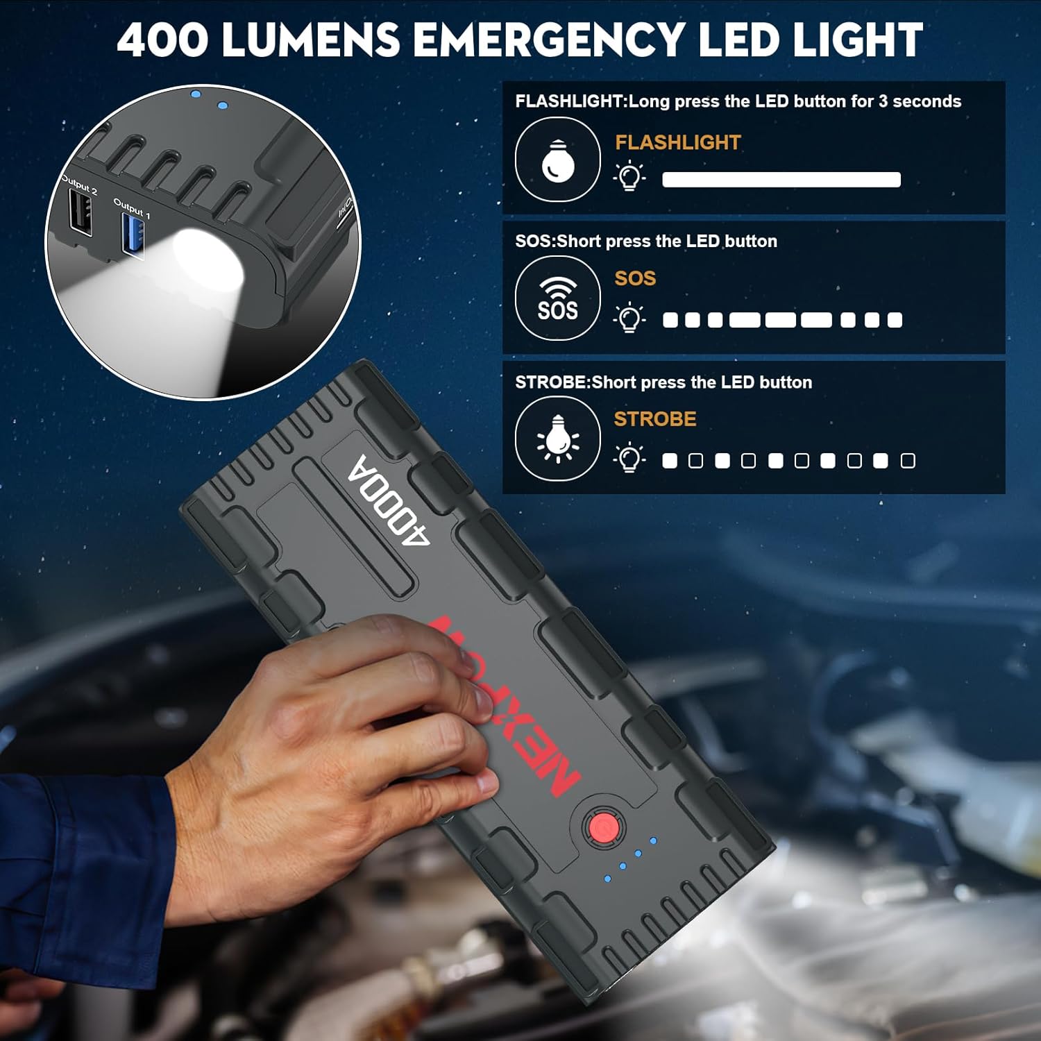 Diagram illustrating the three modes of the 400-lumen emergency LED light on the NEXPOW G17 S40