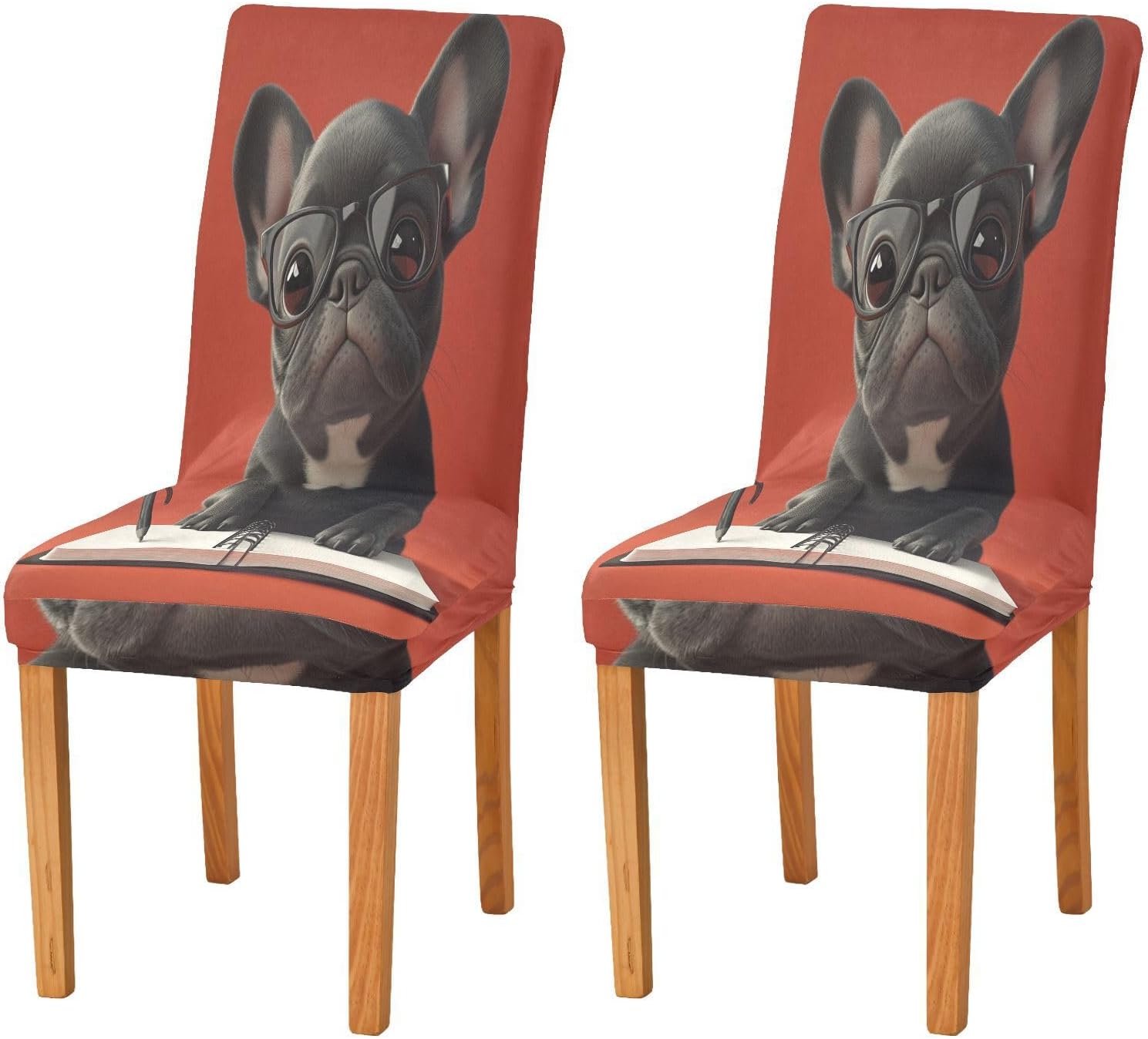 ALAZA Chair Covers for Dining Room, Cute Puppy French on Red Stretch Chair Cover Sets Chair Protector Removable Washable for Ktichen Restaurant Hotel