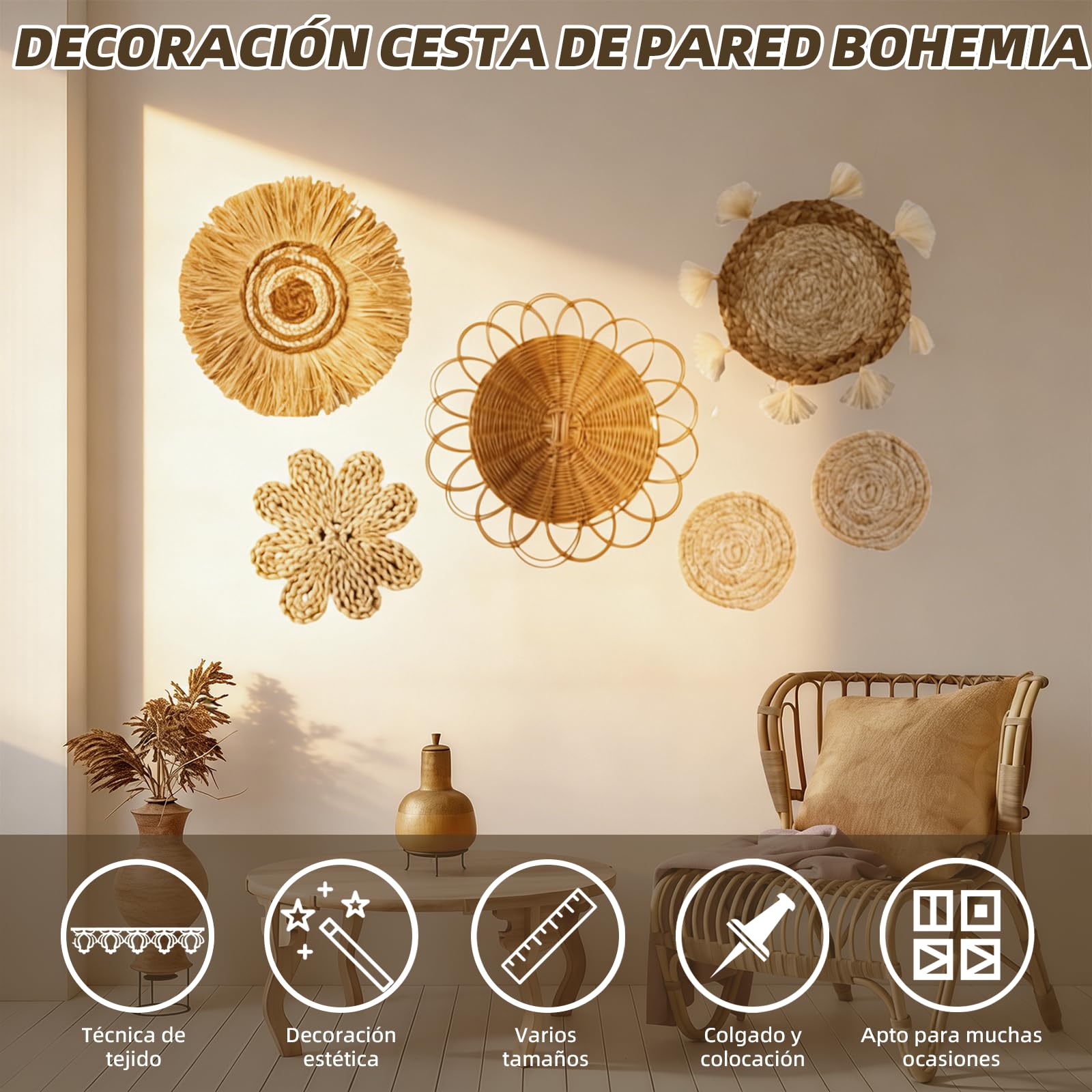 CeyKvo Juego de 7 cestas de pared de estilo bohemio, decoración de pared de mimbre de algas marinas, decoración de pared redonda, ideal para sala de estar, dormitorio, etc.