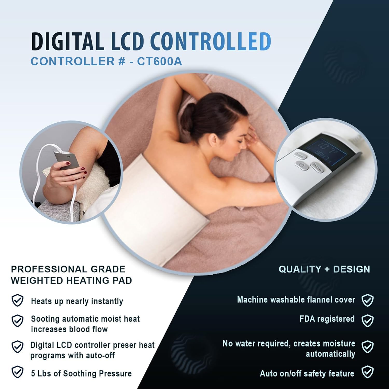 ThermoRelief - Cuscinetto riscaldante a umido con spegnimento automatico per crampi e mal di schiena, extra caldo, per terapia del calore digitale di grado medico (peso king size)