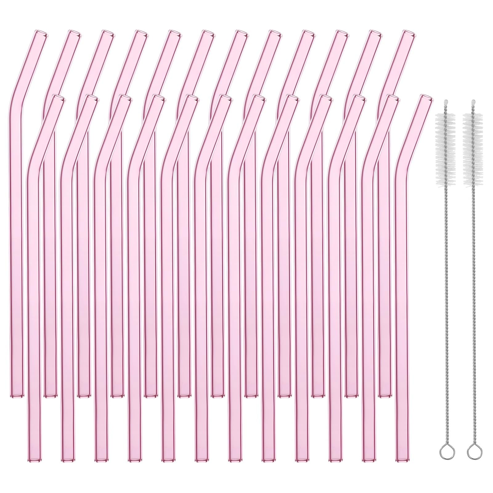 24 Stück Glasstrohhalme, wiederverwendbar, pink, gebogen, aus Borosilikatglas, Trinkhalme für Smoothies, Milchshakes, heiße und kalte Getränke, klare Glasstrohhalme, mit 2 Reinigungsbürsten
