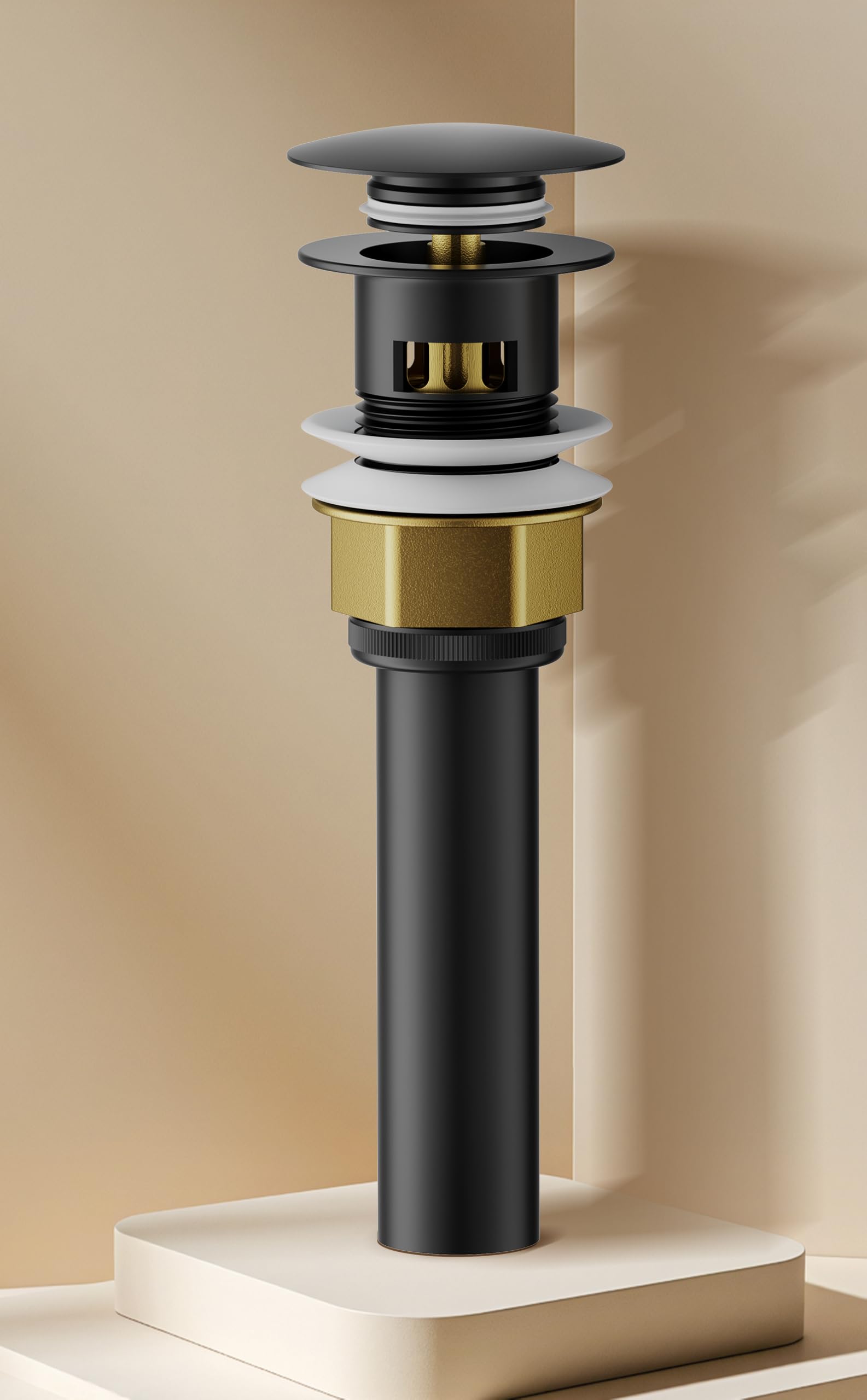 Drenaje para fregadero de baño con cesta coladora y tapón de drenaje emergente, diseño antiobstrucción para fregaderos de tocador con desbordamiento, latón inoxidable y acero inoxidable (negro