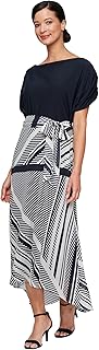 S.L. Fashions Women's Tea Length Hi-Low Mixed Media Wedding Guest Dress with Stretch Top and Printed Striped Chiffon Skirt