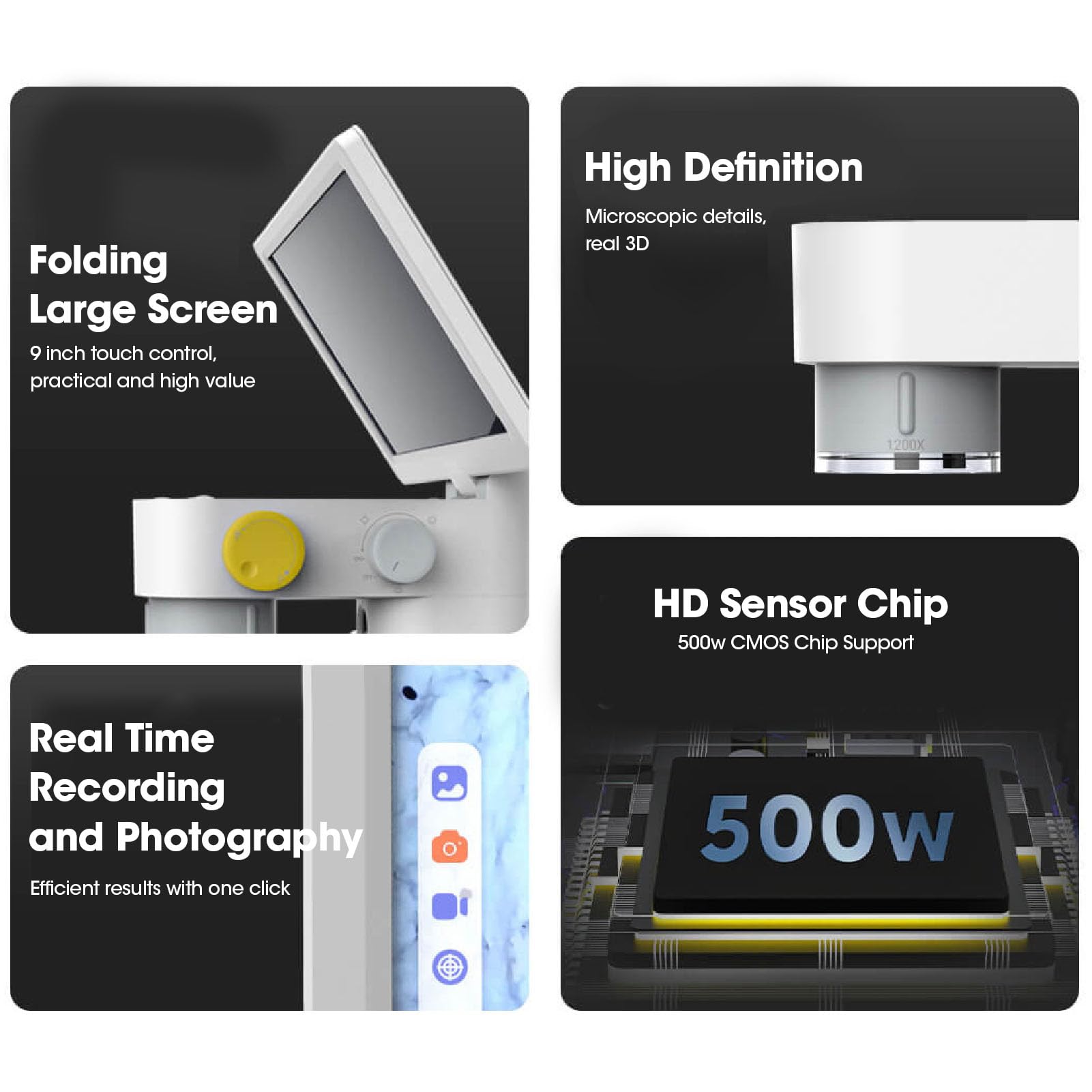 Hyuduo Microscopio Digital, Microscopio Biológico 1080P de 9 Pulgadas con Cuerpo de Aleación de PC ABS, Aumento de 100X a 1200X, Salida Tipo C, Batería de 3500 MAh para Estudio y Observación de