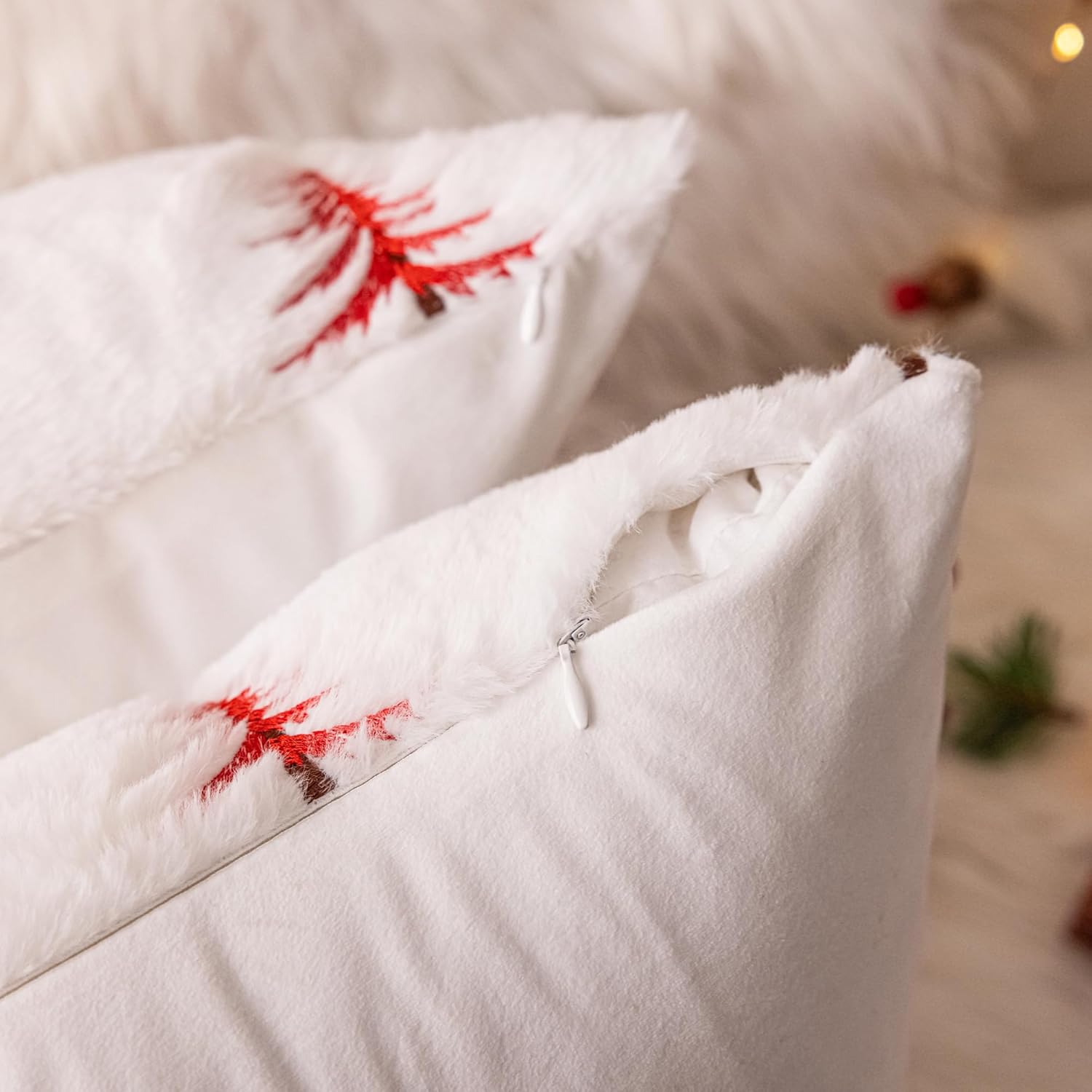 AQOTHES Christmas Tree Green Red Throw Pillow Covers 18x18, Soft Faux Fur Embroidered Throw Pillows for Couch Sofa Cushion Covers Holiday Home Decor