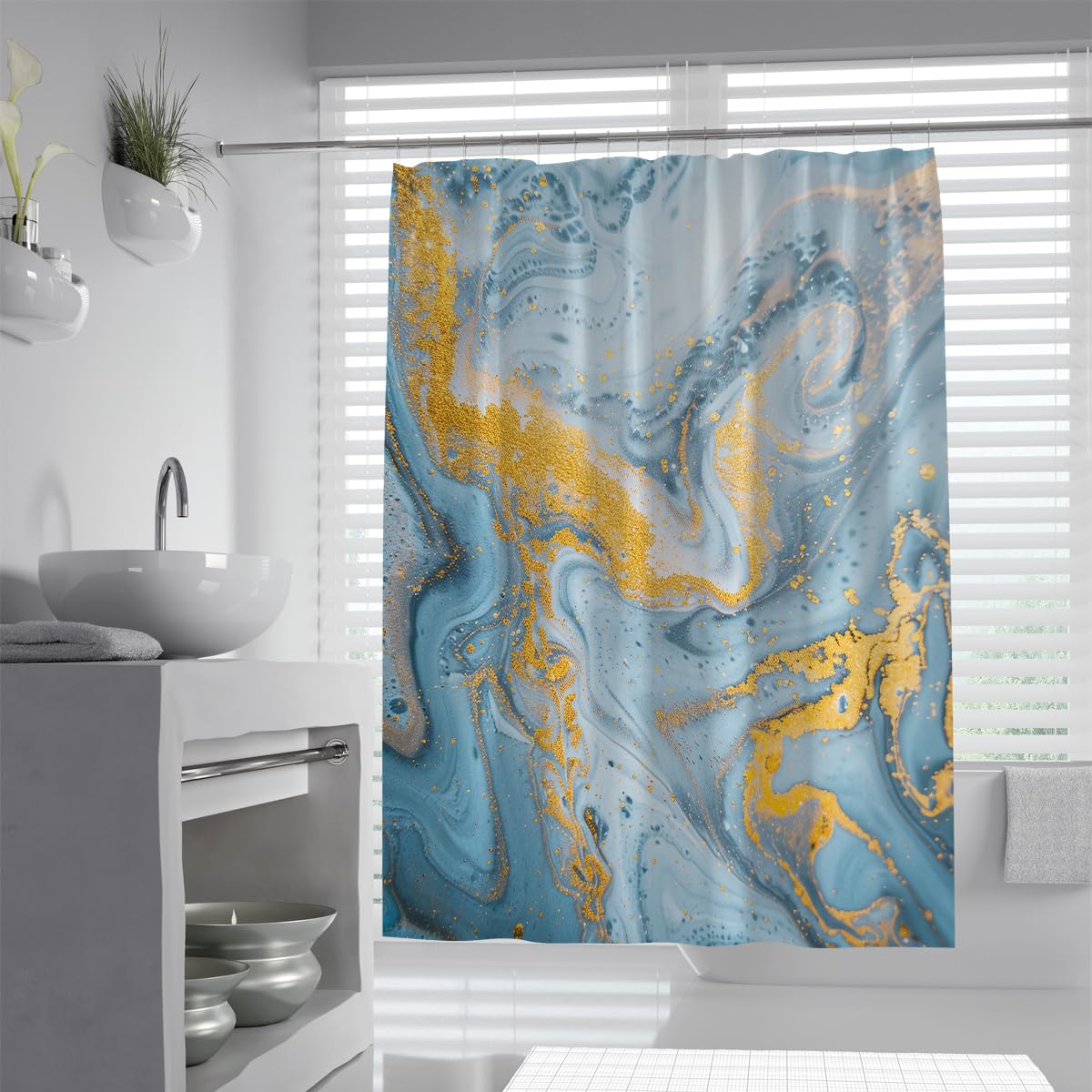 UIRINGART Marble Shower Curtain W200xL220cm Luxury Grey Slate Blue Mineral Gold Foil Texture Fluid Swirls Mildew Mould Resistant Polyester Fabric Apartment Bath Curtains