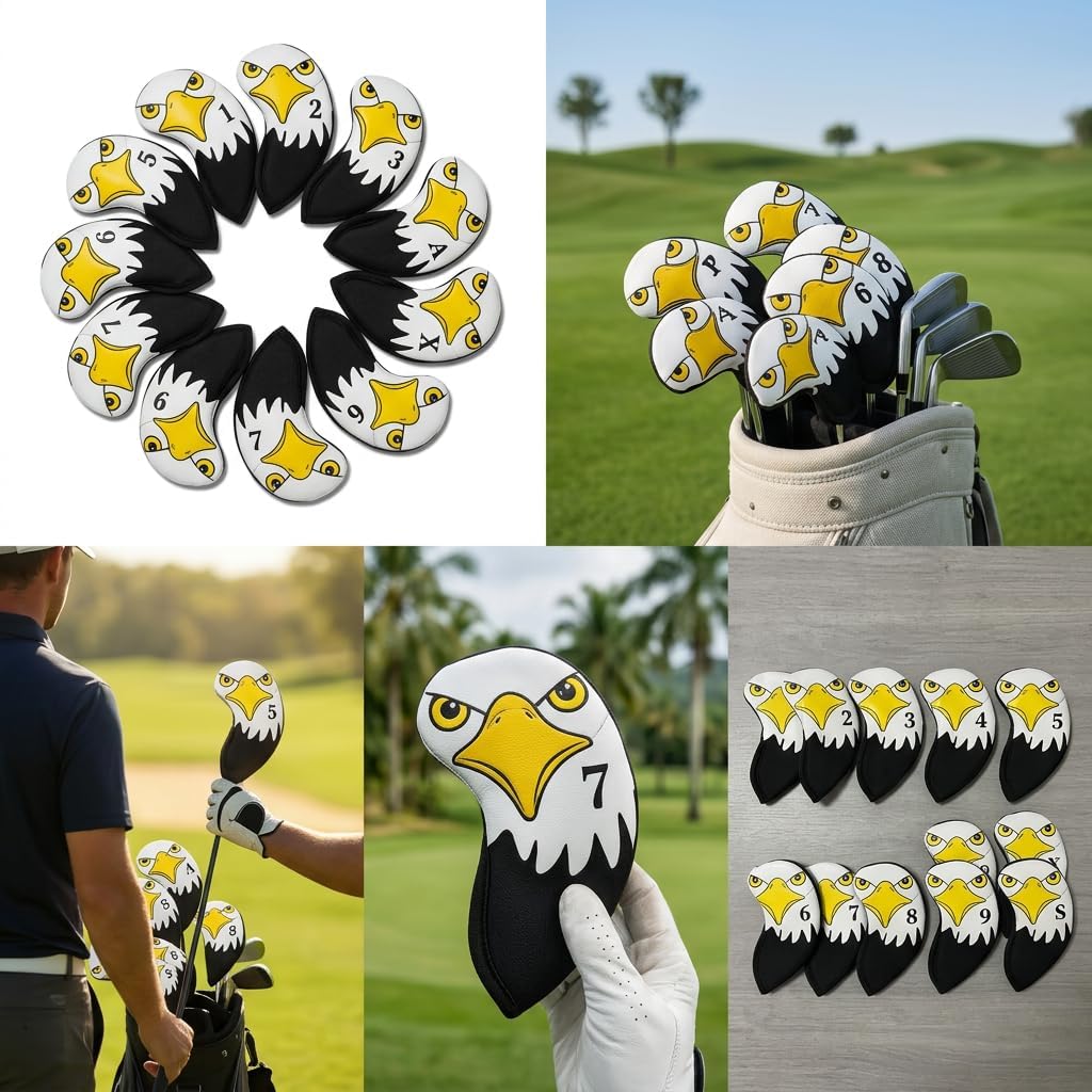 Golf Iron Head Covers Set with Eagle Design, 10 Pcs PU Leather Golf Club Headcovers fit Most Irons (Callaway, Taylormade, Titleist, Ping), Prevent Clubs Clanking & Scratches, Perfect Golf Gift