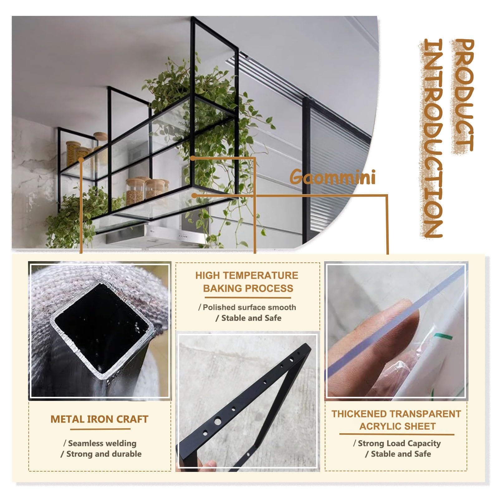 Mensola sospesa a soffitto, mensole Decorative galleggianti per Soggiorno, Bar, Cucina, pentole, padelle, Porta spezie, portabottiglie, 60 cm ~ 150 cm, Porta Piante e Fiori (60 x 30 x 80 cm)