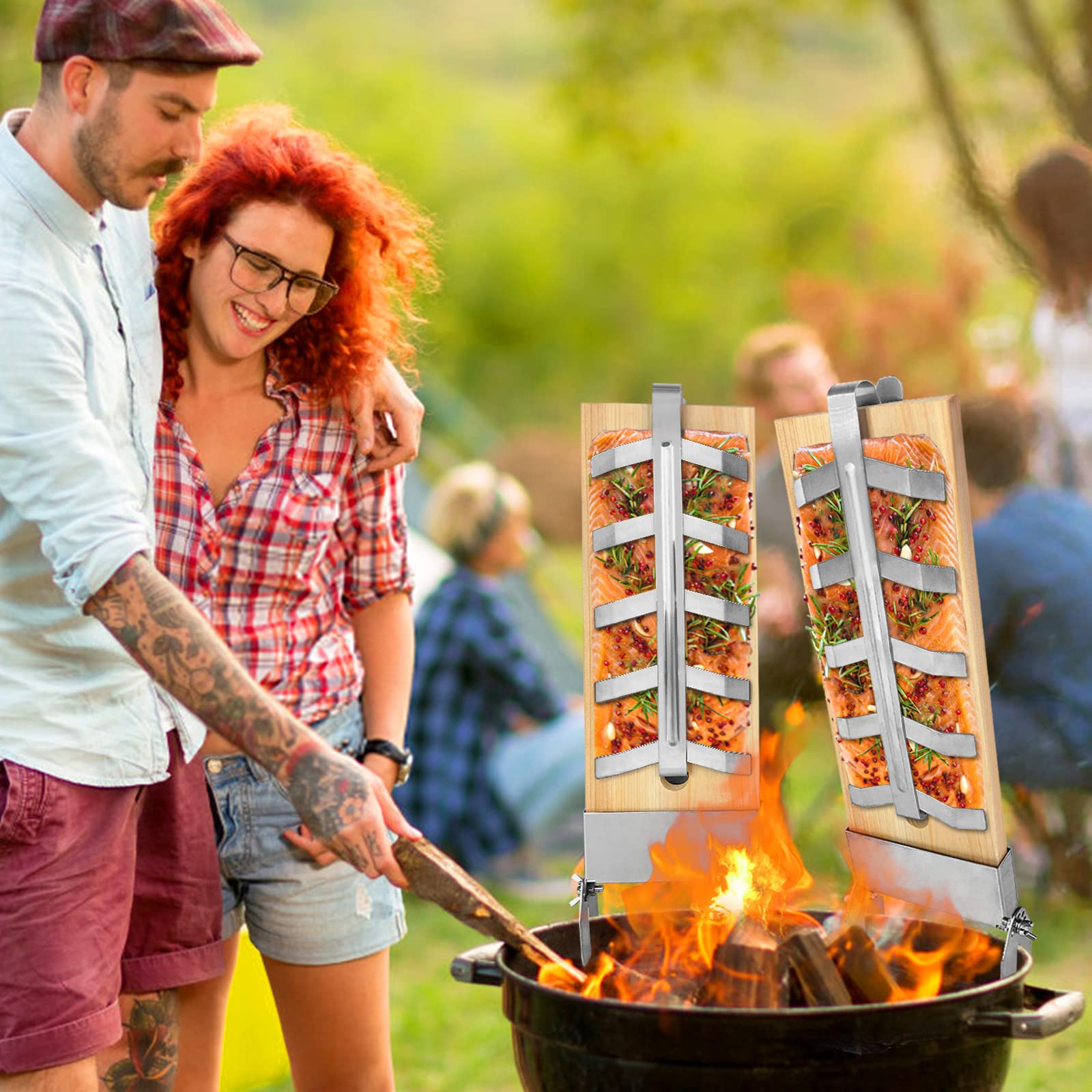 4X Planche à Saumon Flammé en Hêtre avec Support pour Griller Planche en Bois de Cèdre 5 Niveaux réglable pour Brasero, Grill