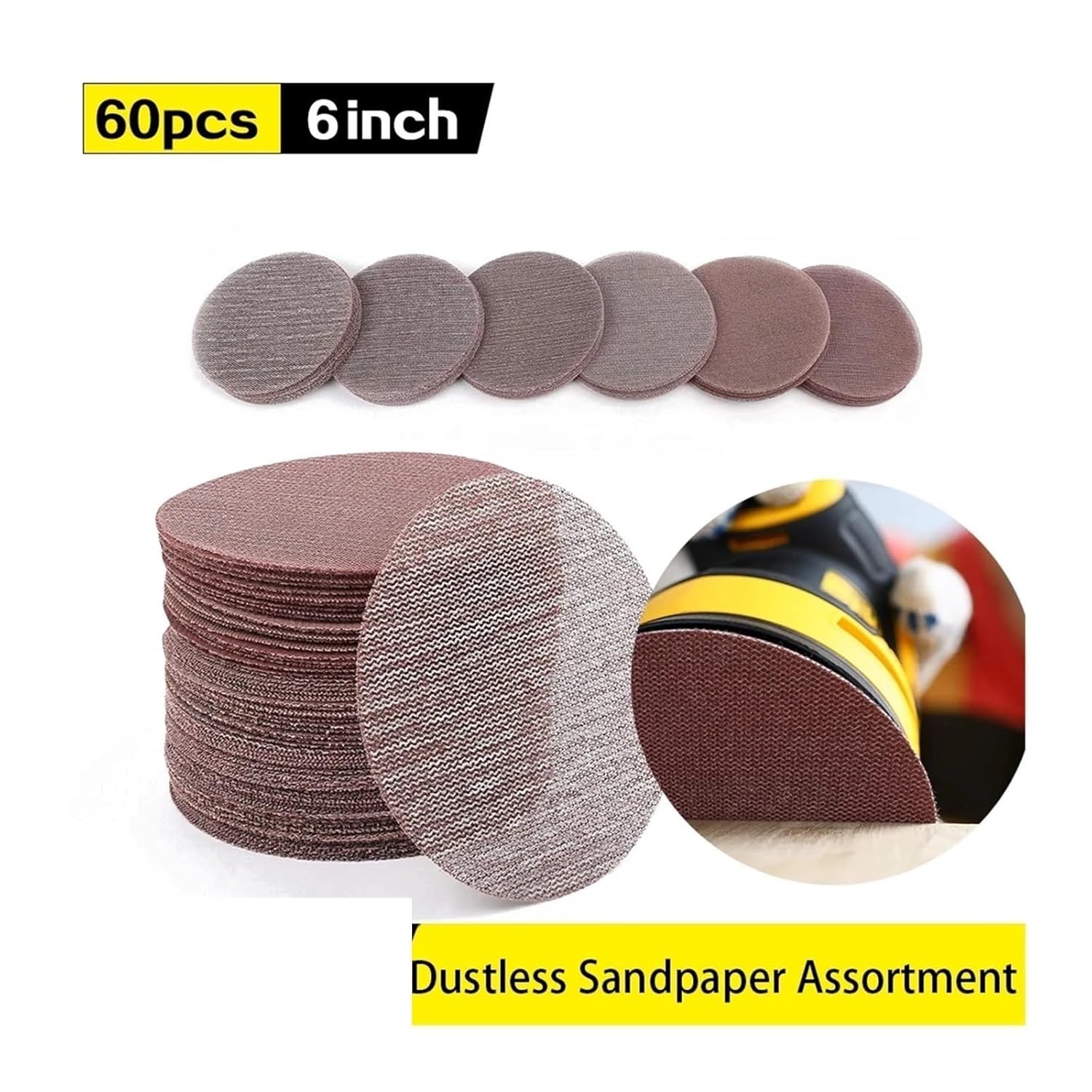 60PCS 6Inch Sanding Discs 80 120 180 240 320 Grit Mesh Abrasive Sandpaper Assortment for Car Woodworking