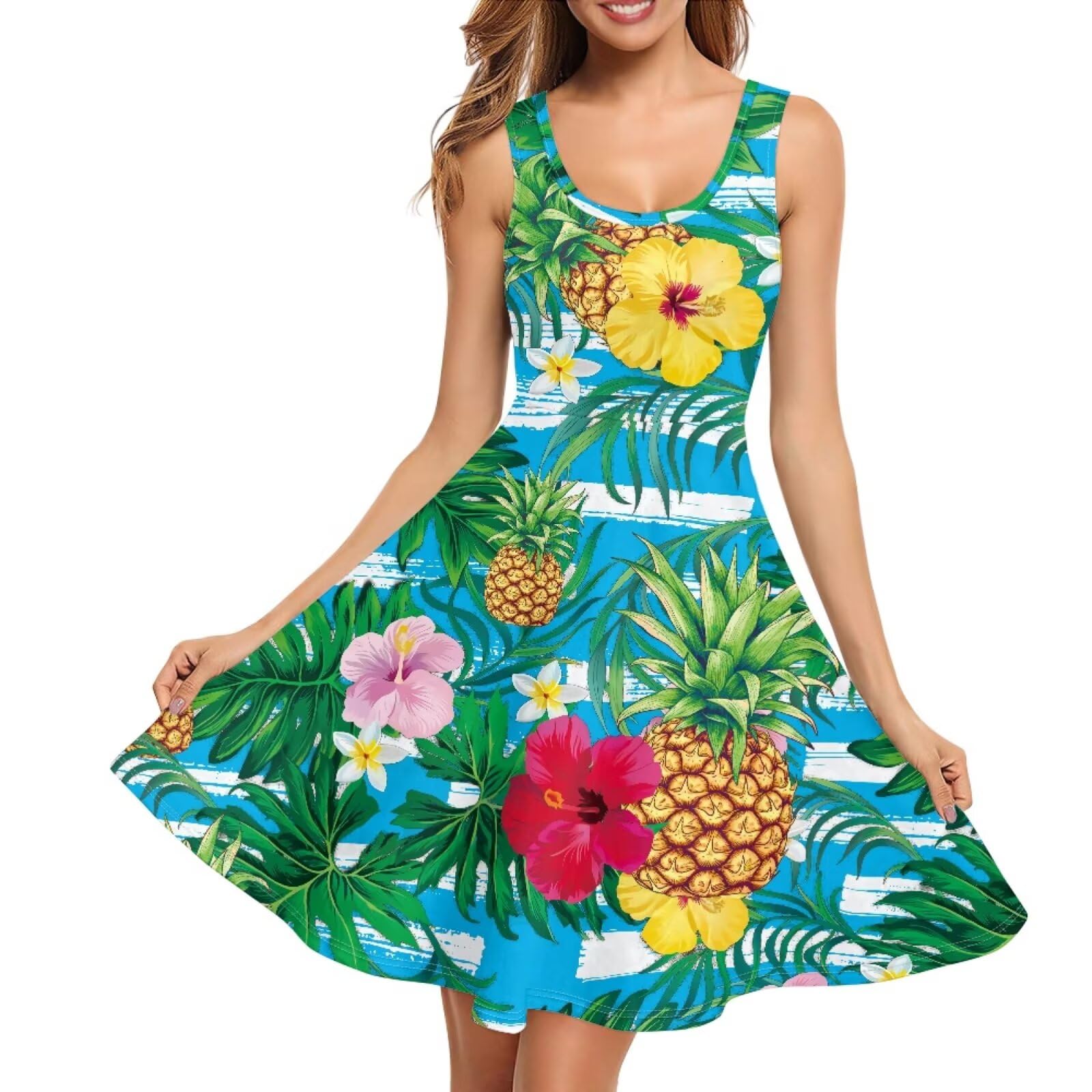 Women Stylish Tank Dresses Sleeveless Round Neck Midi Casual Dress with Pocket for Summer