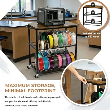 3d Printer Filament Stand Heavy Duty Metal Storage Rack With Wheels | Three-Tier Trolleys-Style Filament Storage Rack,Suitable For Storing Pla,Abs And Tpu Spools Ideal For Home And Office Use