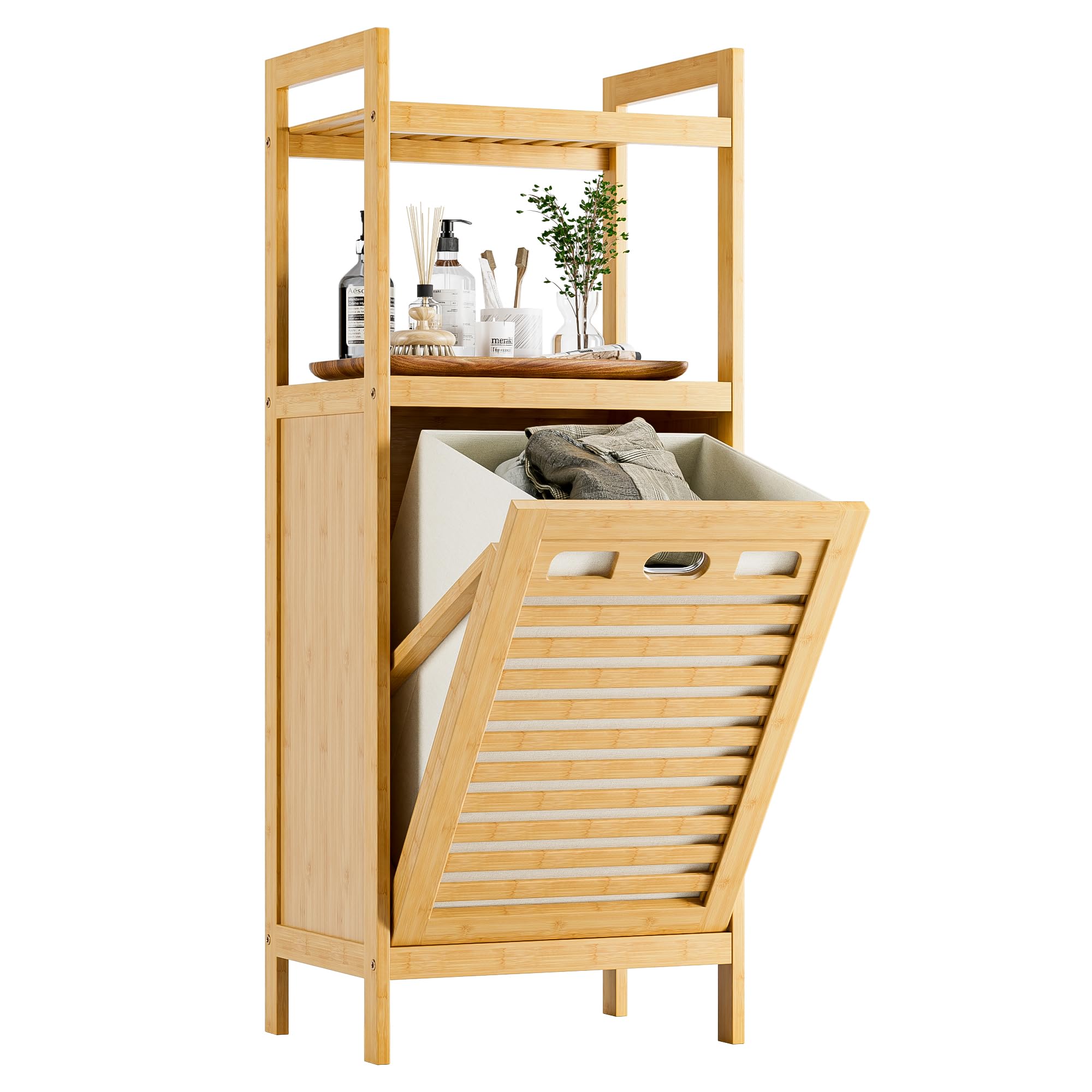 HITNET Mueble Ropa Sucia, Armario de Baño con 1 Cesta de Ropa Sucia y 2 estantes Abiertos, 40L Bolsa Interior Extraíble con Asas para Sala de Estar y Dormitorio, Natural