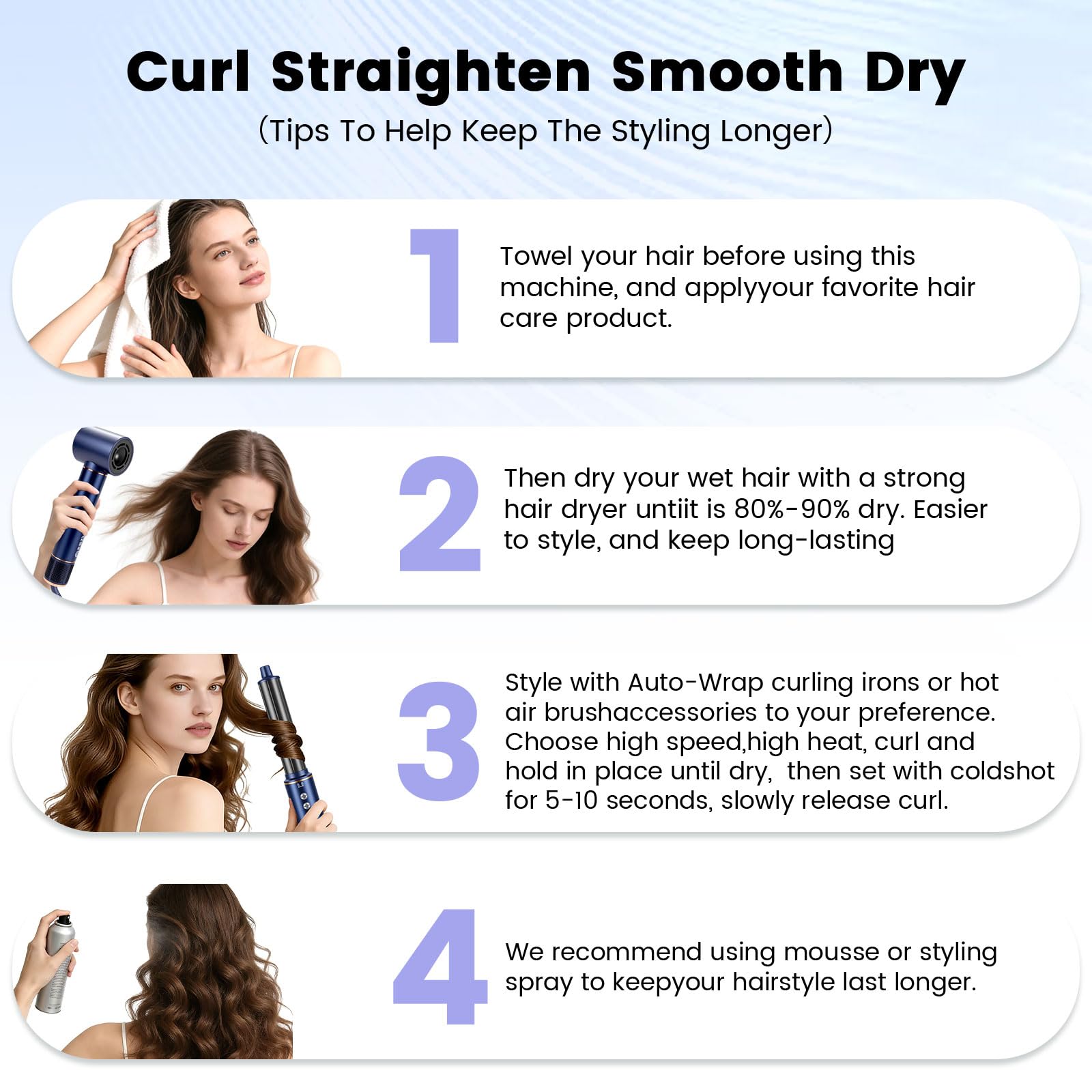Air Brush 5 en 1 Hair Styler Airbrush,1400W Seche Cheveux avec Airbrush Cheveux,Brosse Lissante,Fer a Boucler, pour Sécher, Boucler, Lisser, Femmes,200 Millions d'ions Négatifs -Bleu