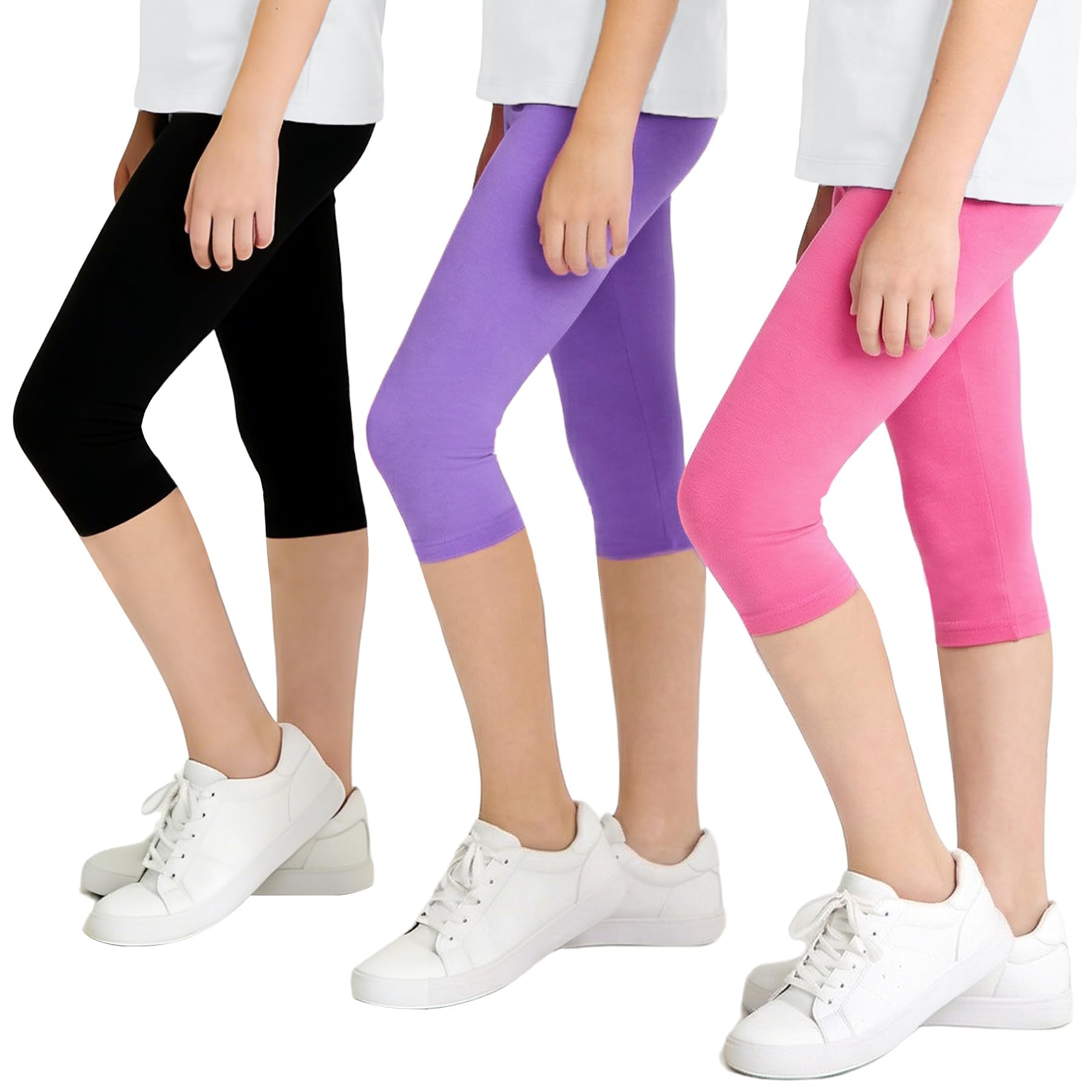 JinBei Leggings Niña Mallas 3/4 Pantalones Algodón Cortos Capri Pantalón Verano Transpirable Cintura Elástica Ciclismo Danza Deportivos Unicolor Infantiles Legging Pack de 3 para 6-13 años