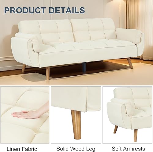 Miniatura 4 de Sofá cama futón convertible, sofá futón moderno de lino de 75 pulgadas con respaldo ajustable, sofá cama de fácil montaje, sofá reclinable tapizado
