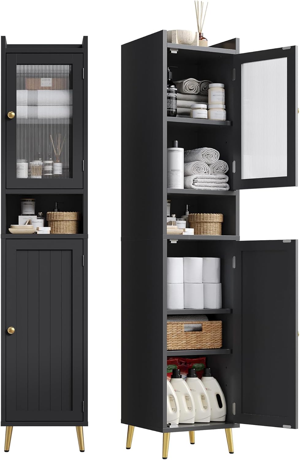 Tall Bathroom Storage Cabinet with 2 Doors, 69.1" Narrow Storage Cabinet for Bathroom, Living Room, Entryway, Kitchen, Adjustable Shelves & Metal Feets, Space Saving, Black