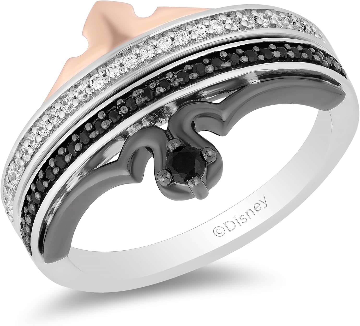 Jewelili Enchanted Disney Fine Jewelry Black Rhodium and 14K Rose Gold over Sterling Silver with 1/4 CTTW Black and White Diamond Maleficent Aurora Duo Ring