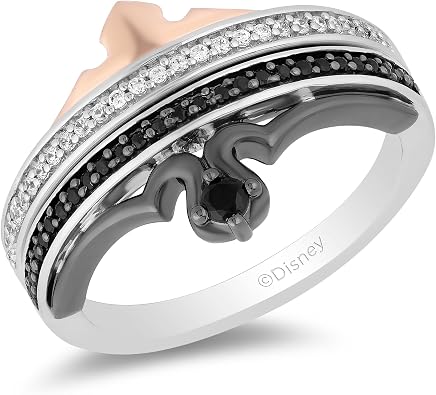 Jewelili Enchanted Disney Fine Jewelry Black Rhodium and 14K Rose Gold over Sterling Silver with 1/4 CTTW Black and White Diamond Maleficent Aurora Duo Ring