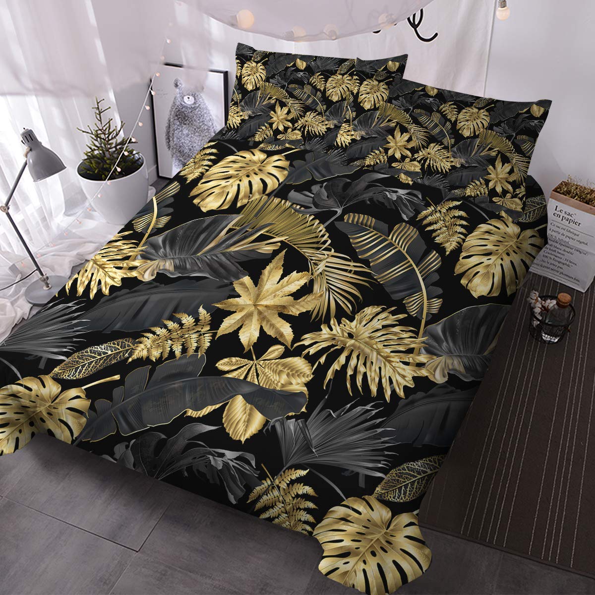 BlessLiving Tropical Duvet Cover Black and Gold Tropical Leaves Bedding Set 3 Pieces Exotic Botanical Design Watercolor Quilt Cover and 2 Jungle Leaves Pillow Covers (Single) — image 1