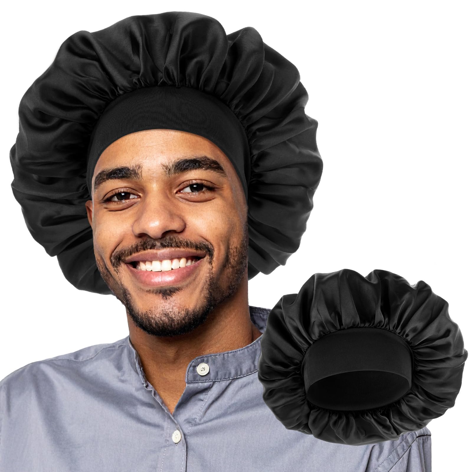 WLLHYF Gorros para hombre, gorro de satén ajustable de seda suave, banda elástica, reversible, grande, para mujeres negras, trenzas de cabello rizado