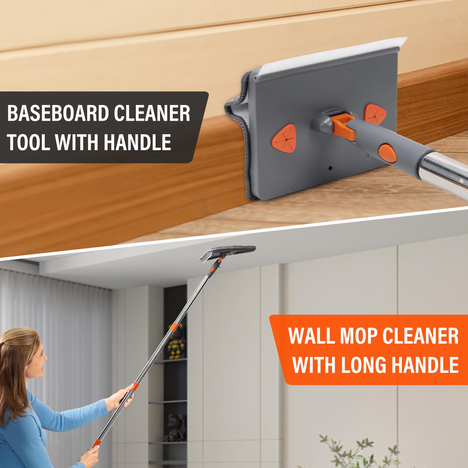Herramienta limpiadora de zócalos con asa, Limpiador de Pared con escobilla de Goma, Herramienta de Limpieza de zócalo con Poste de extensión de 85 Pulgadas, 8 Almohadillas de Repuesto para