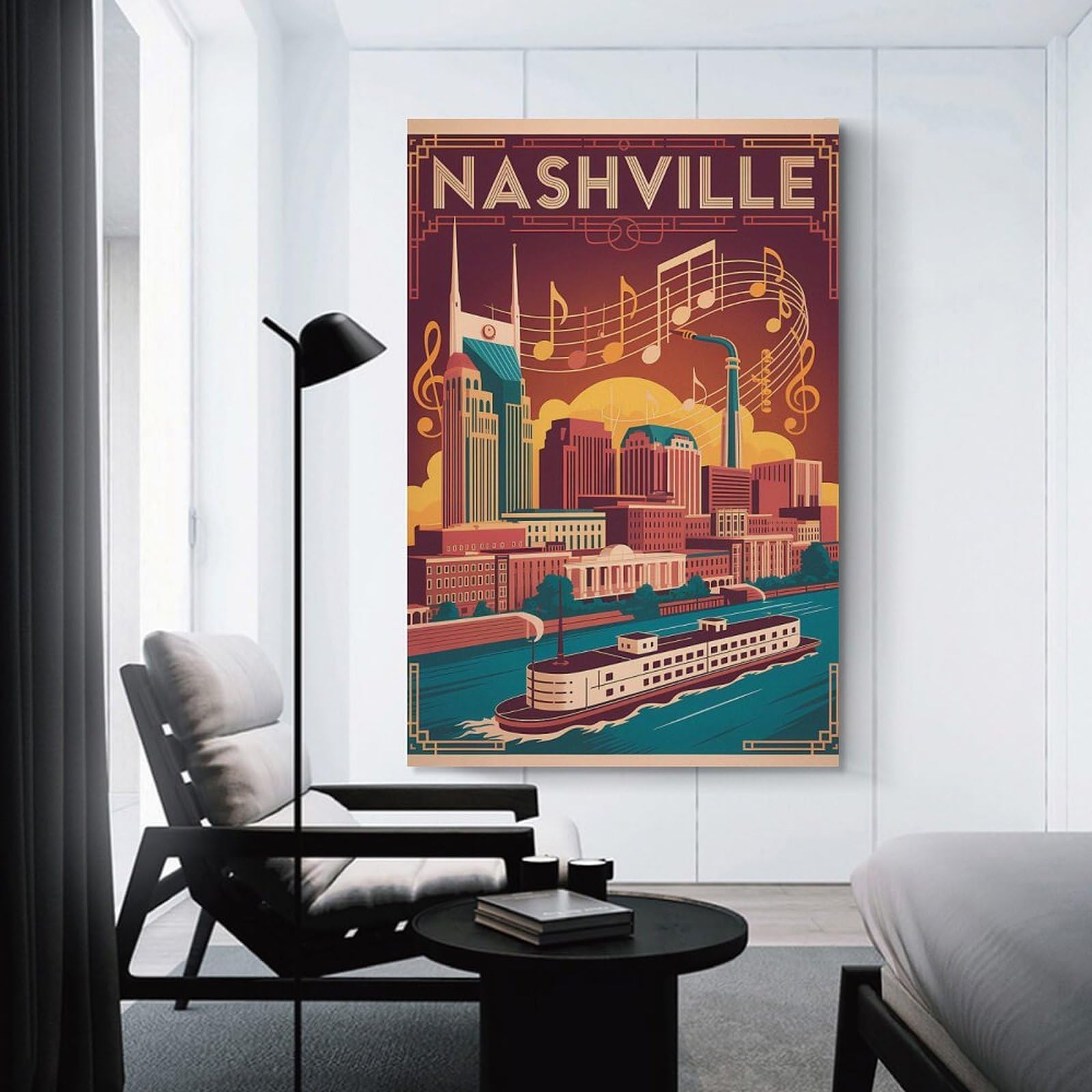 Junmoney Nashville Art Deco Travel Decorative Wall Artwork, 12x18inch(30x45cm), for Work Areas, Reading Rooms Or Studios, Wall Art That Adds Style to Work Areas