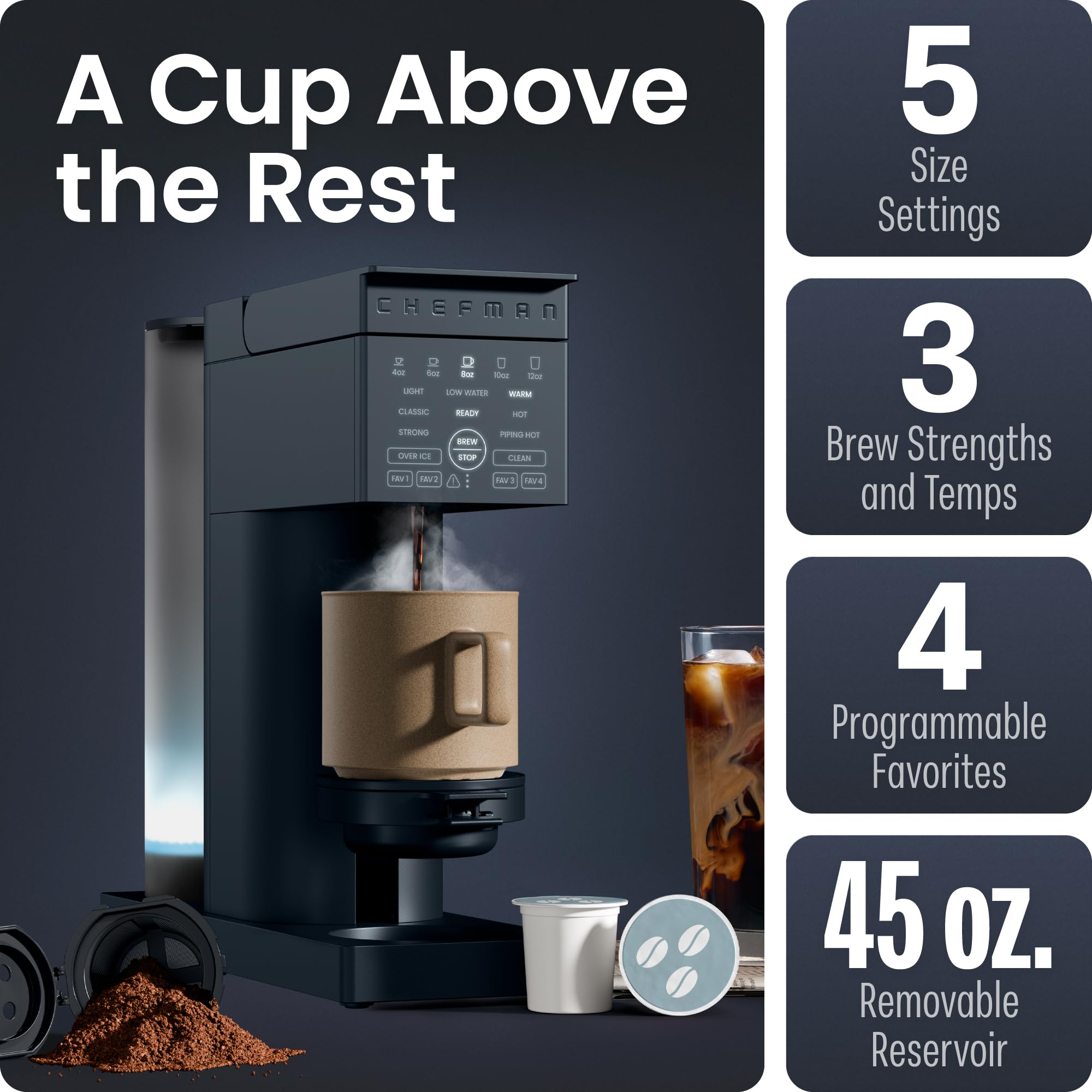 Chefman Caffeinator Single Serve Coffee Maker, Brew Kcups & Grounds, Drip Coffee Machine with Brew Strength Settings, Iced Coffee Function, 45 oz. Removable Water Reservoir