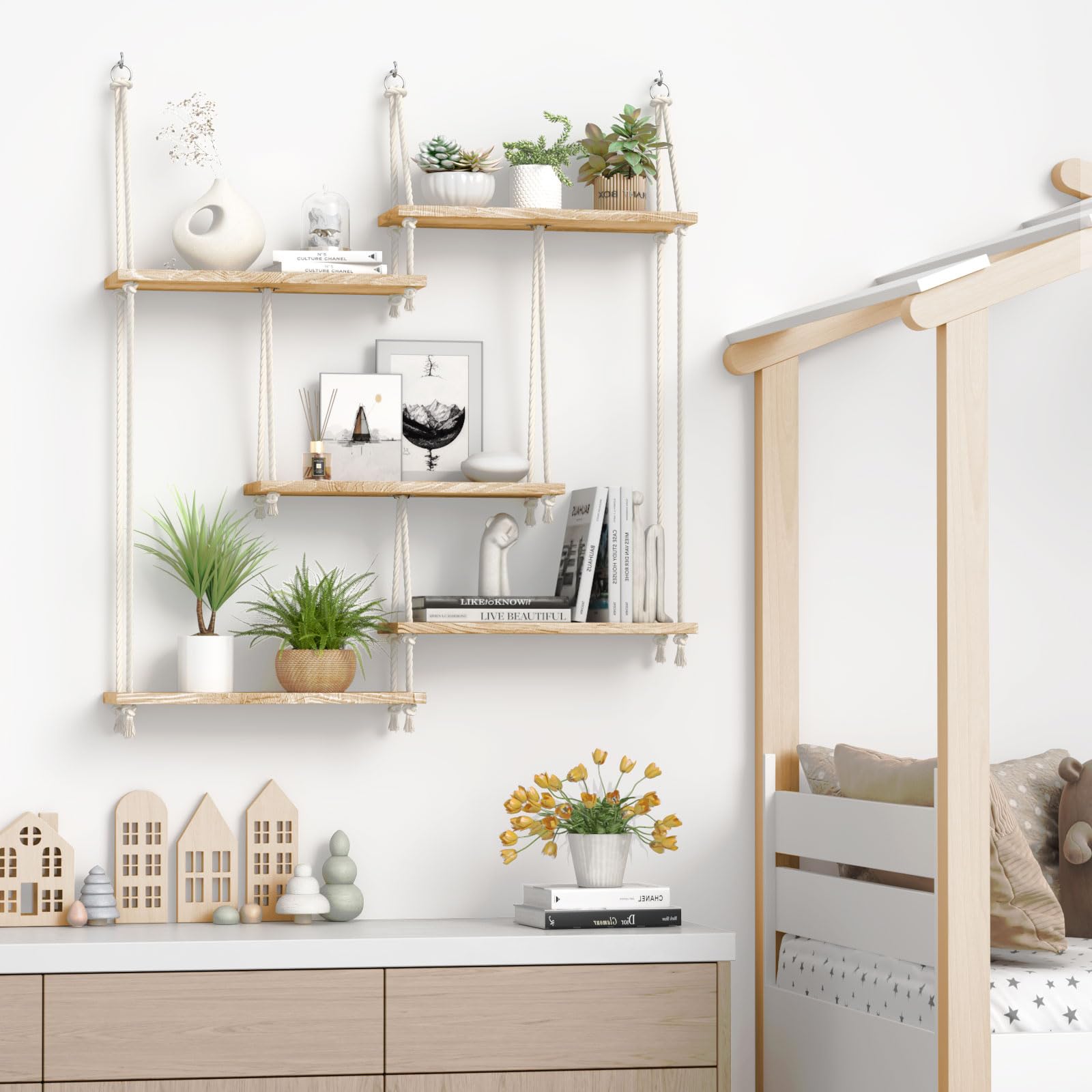 5-stufiges Wandregal Holz für Pflanzen,Makramee Wandbehang Regal Wand für die Wand,Boho Deko Schweberegal Handgewebte Treibholz Hängeregal Für Wohnzimmer Schlafzimmer Badezimmer