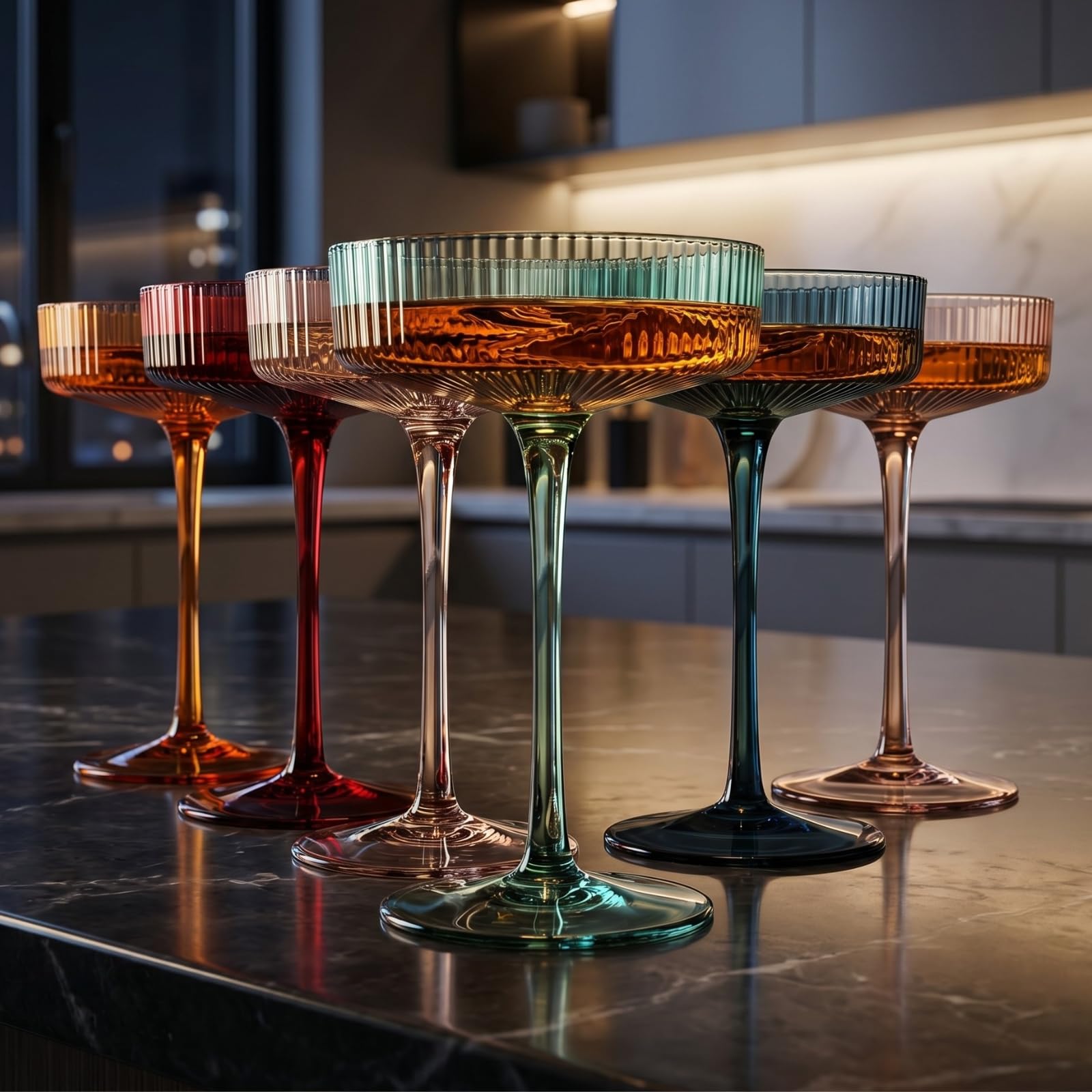 Farbige Vintage Art Deco Coupé-Gläser, Martini-, Cocktail- und Champagnergläser, geriffelt, 200 ml, 6 Stück, niedliche pastellfarbene gedämpfte Kristall-Cocktailgläser, Kelch, Cocktails, geriffelte