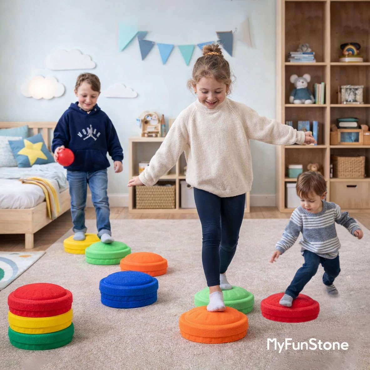 Generisch MyFunStone Balancier Steine Rund, 6 Stück, Motorikspielzeug für Kinder ab 1 Jahr, Kletter und Balance Training