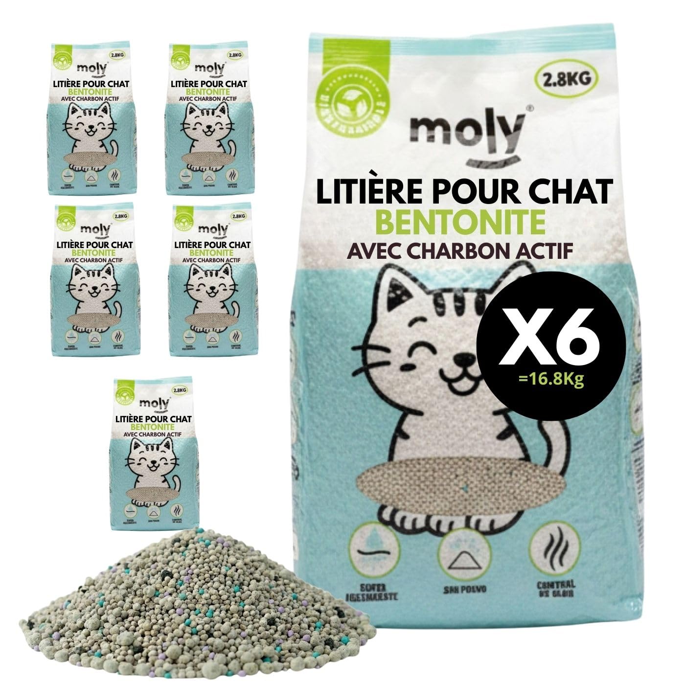 MOLY X6 Litière pour chats bentonite avec charbon actif 16,8 kg 22,2 l | litière agglomérante haute absorption avec arôme de lavande et de talc | Contrôle total des odeurs | Sans poussière | Litière