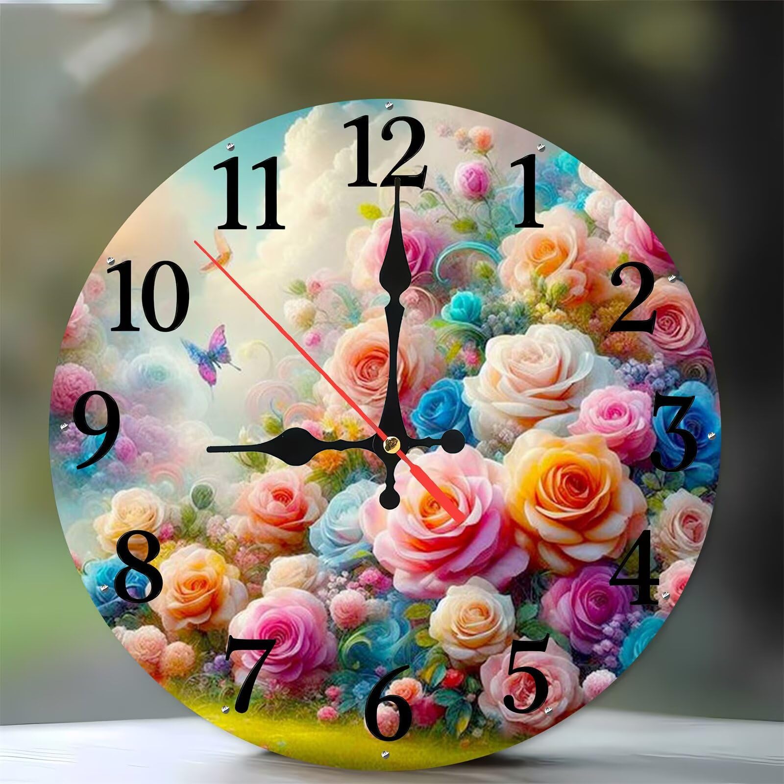Horloge murale pour cuisine et chambre motif roses en bois moderne