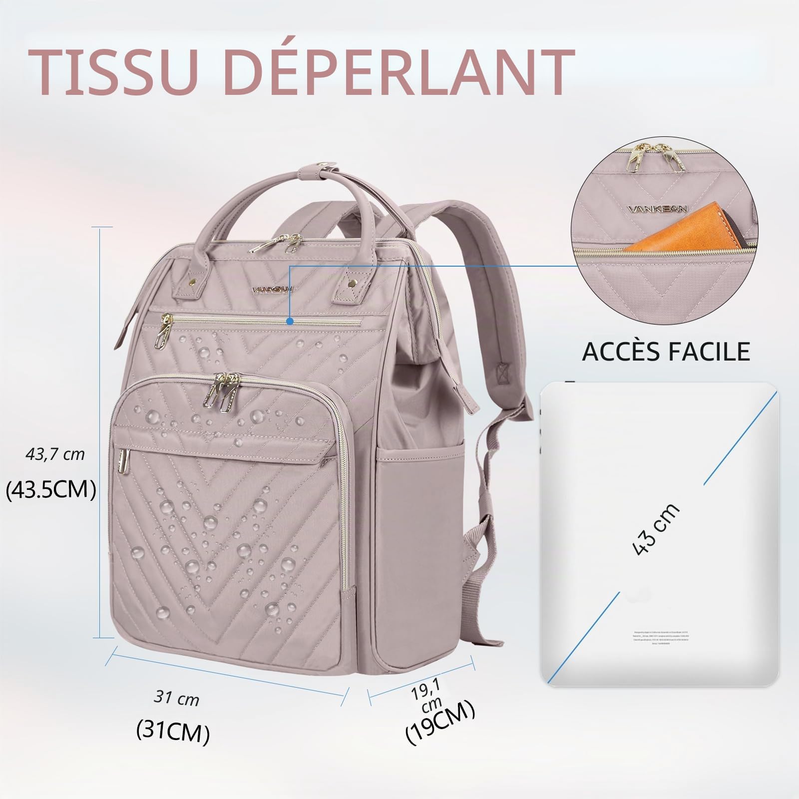 VANKEAN Sac à Dos Ordinateur Portable 17 Pouces Imperméable Grande Capacité Rose