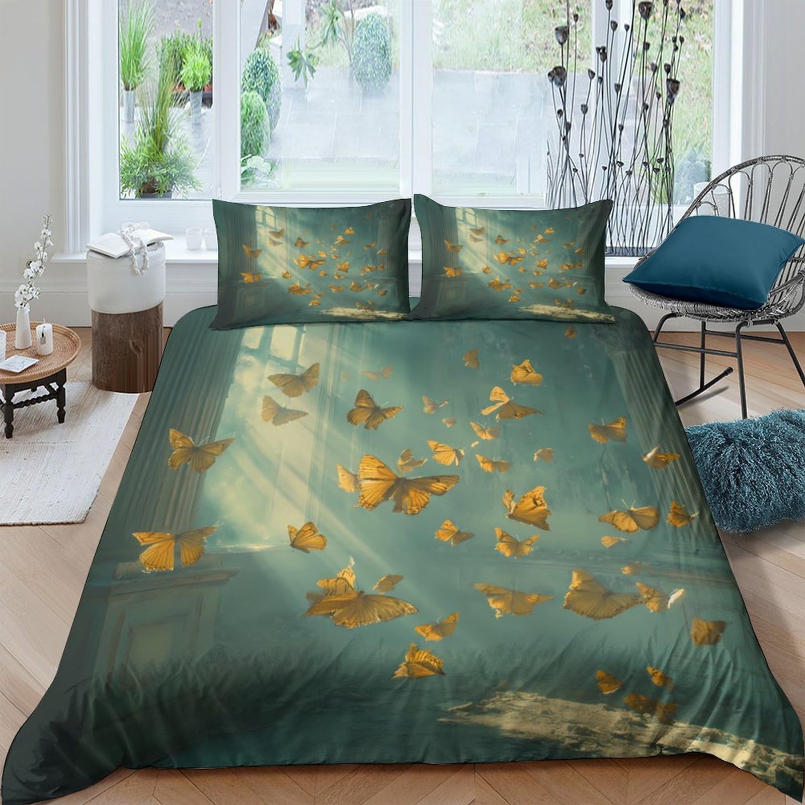 Ctjqhvkz Style-9 3D Printed Golden Butterfly Fitted Sheet Microfiber Soft Green Artistic Bed Cover For Bedroom Guest Room Decor Single（135X200cm）