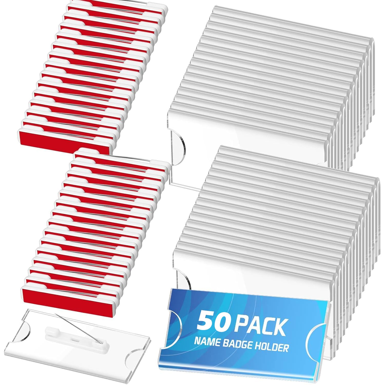 Shuban 50 Pieces Name Badges with Pins for School Work Name Badge Holder for Clothes Clear Acrylic Sign Display Holder DIY Blank Id Holders Printable Name Label for Work Business Classroom